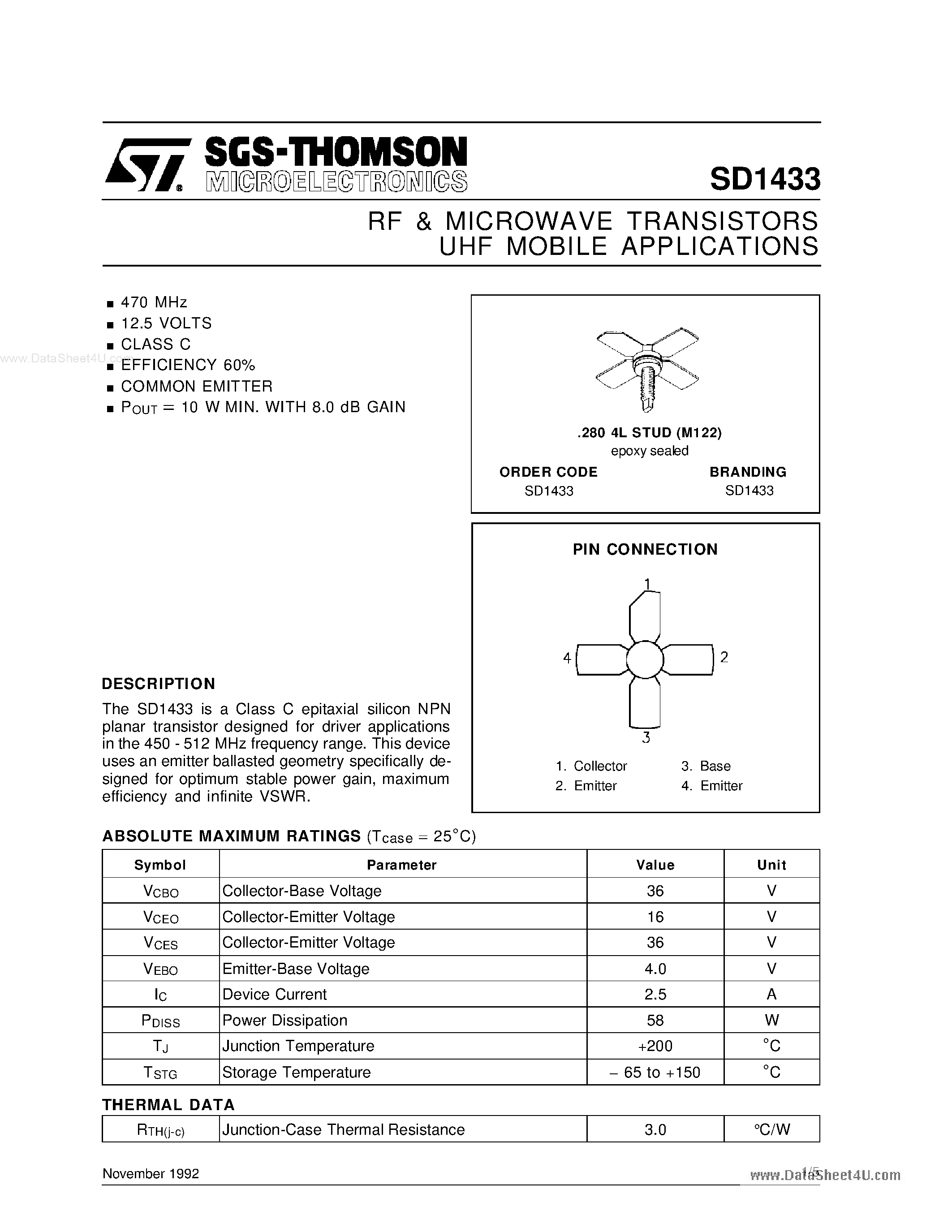 Даташит SD1433 - RF & MICROWAVE TRANSISTORS UHF MOBILE APPLICATIONS страница 1