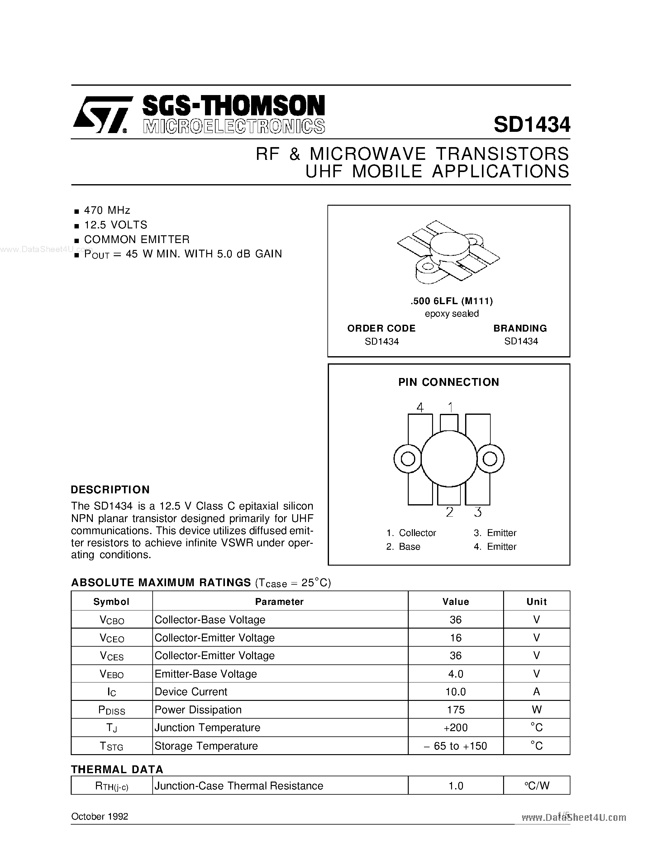 Даташит SD1434 - RF & MICROWAVE TRANSISTORS UHF MOBILE APPLICATIONS страница 1