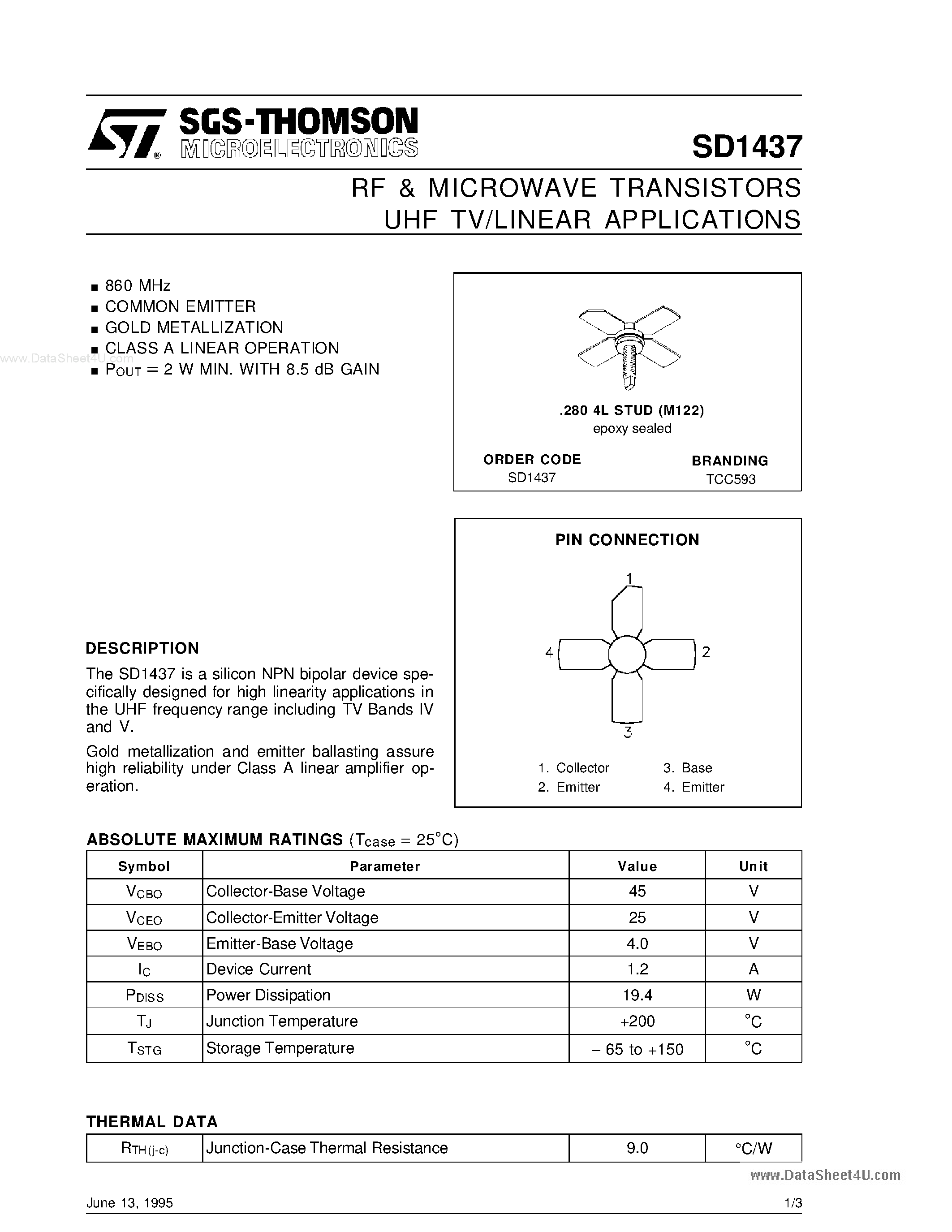 Datasheet SD1437 - RF & MICROWAVE TRANSISTORS UHF TV APPLICATIONS page 1