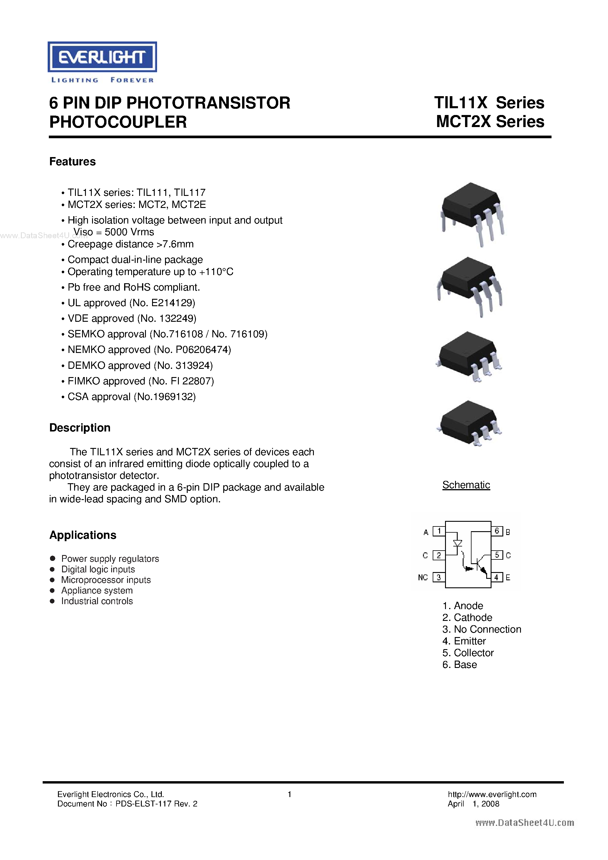 Даташит TIL111 - (TIL11x) 6 PIN DIP PHOTOTRANSISTOR PHOTOCOUPLER страница 1