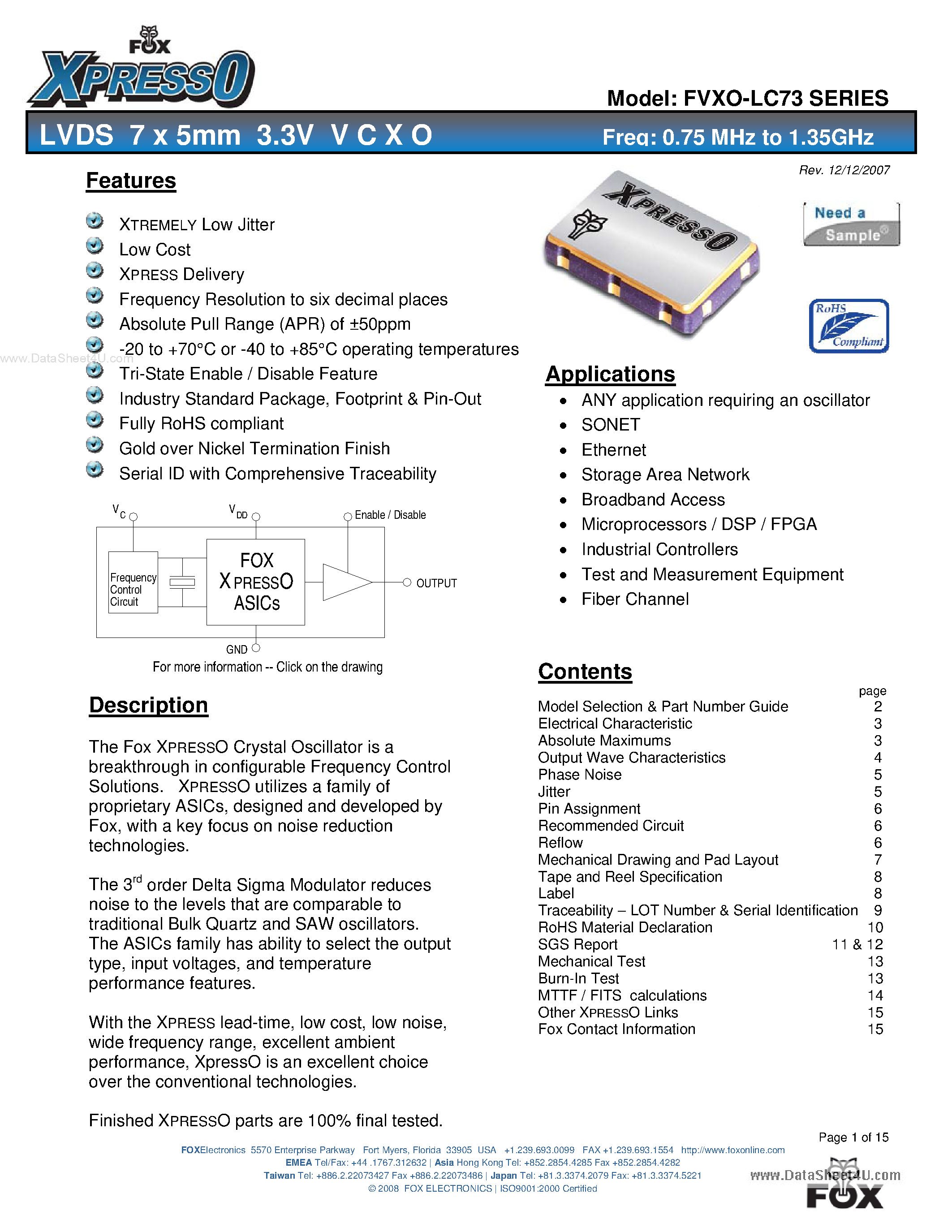 Datasheet FVXO-LC73 - LVDS 7 x 5mm 3.3V VCXO page 1