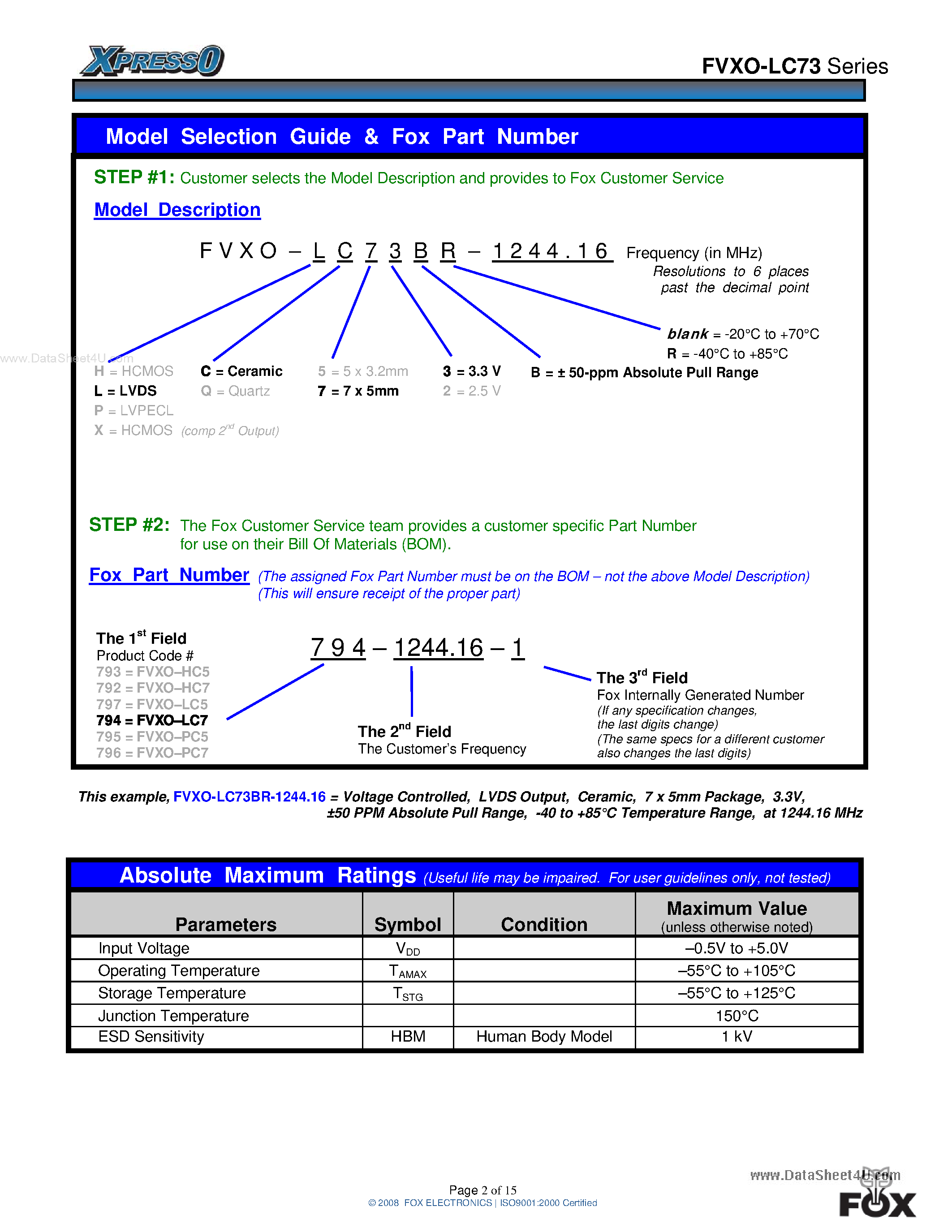 Datasheet FVXO-LC73 - LVDS 7 x 5mm 3.3V VCXO page 2