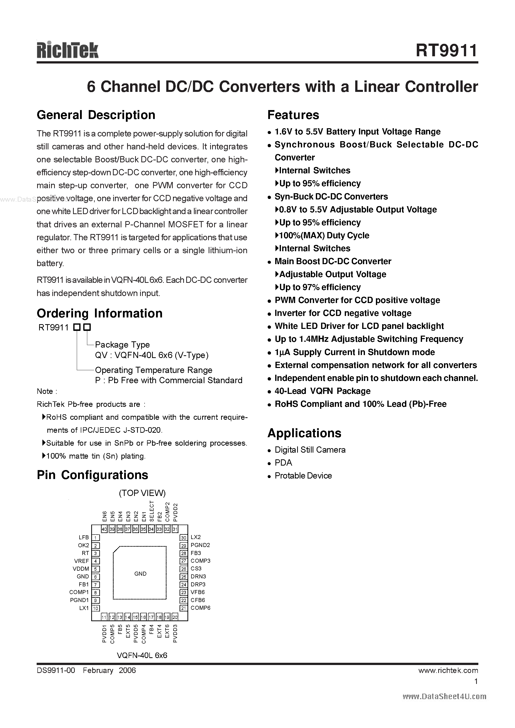 Даташит RT9911 - 6 Channel DC/DC Converters страница 1