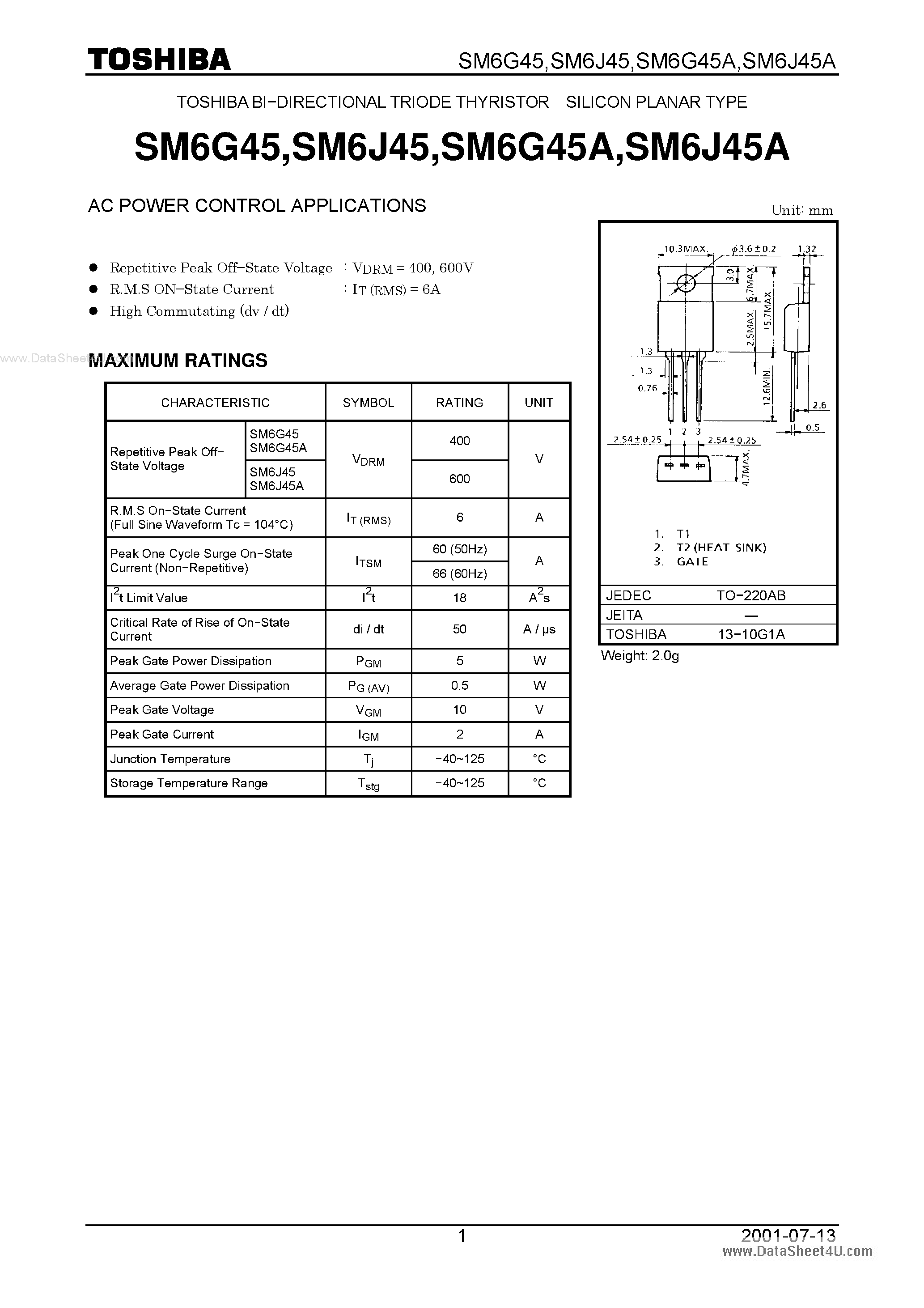 Datasheet SM6G45 - BI-DIRECTIONAL TRIODE THYRISTOR SILICON PLANAR TYPE page 1