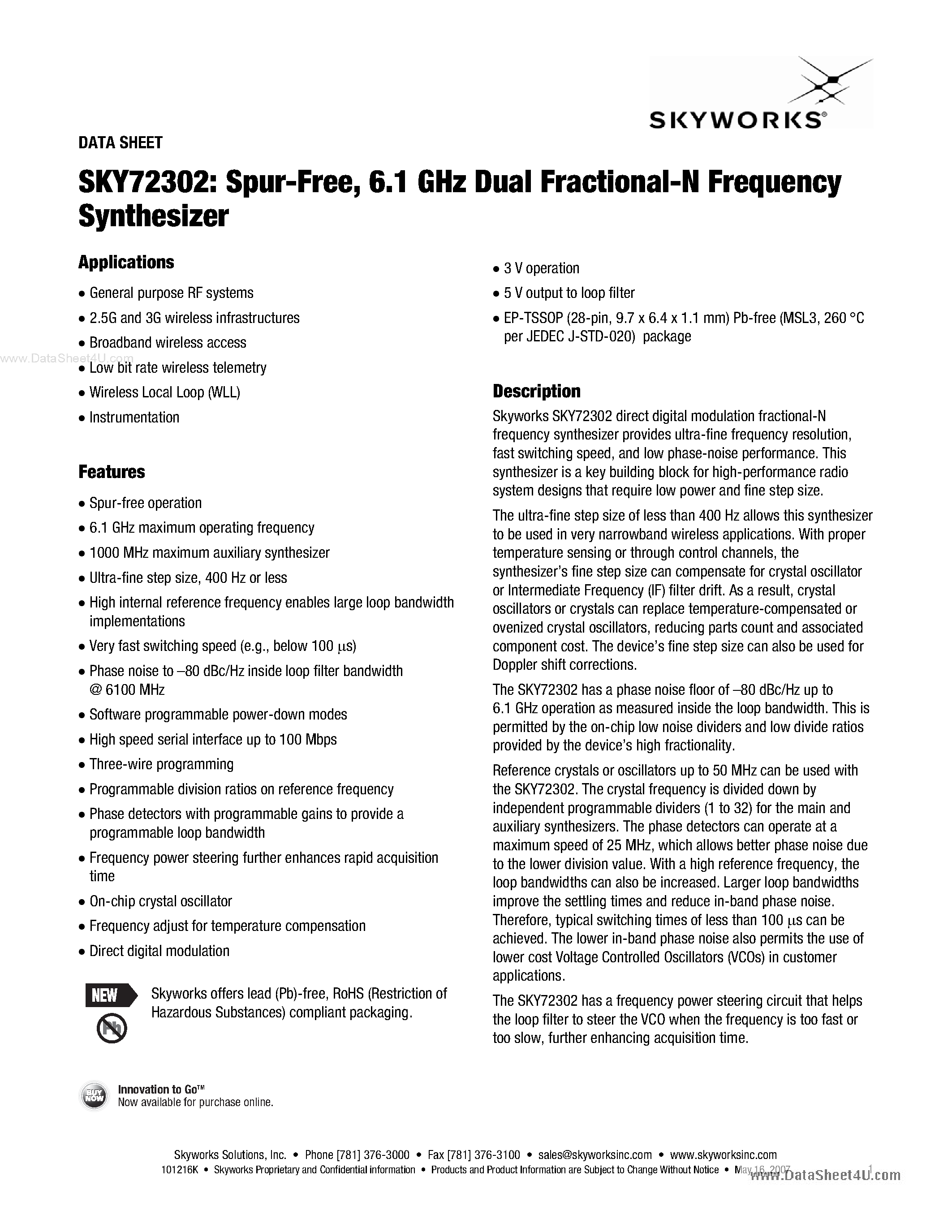 Даташит SKY72302 - 6.1 GHz Dual Fractional-N Frequency Synthesizer страница 1