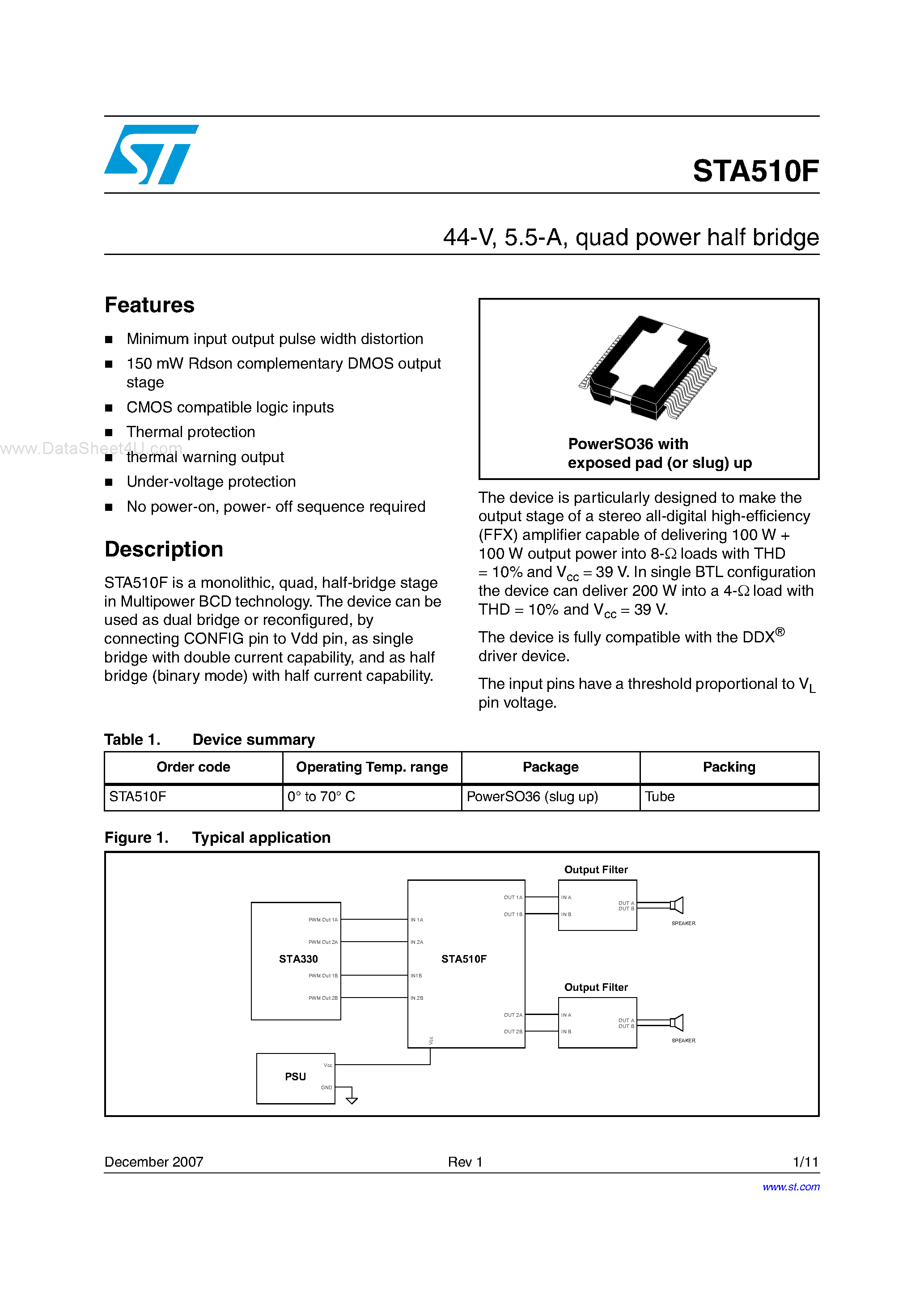 Даташит STA510F - quad power half bridge страница 1