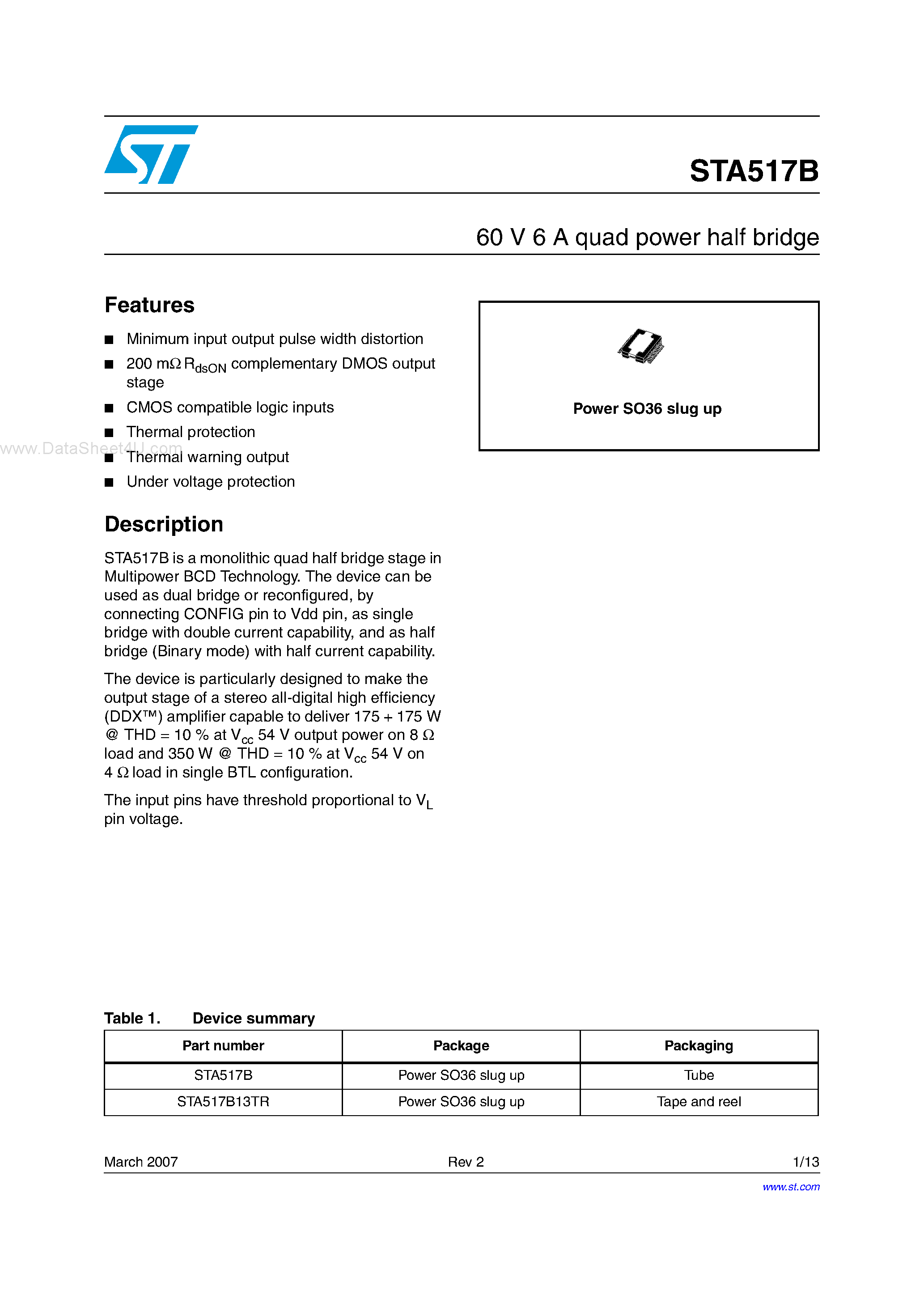 Даташит STA517B - 60V 6A quad power half bridge страница 1