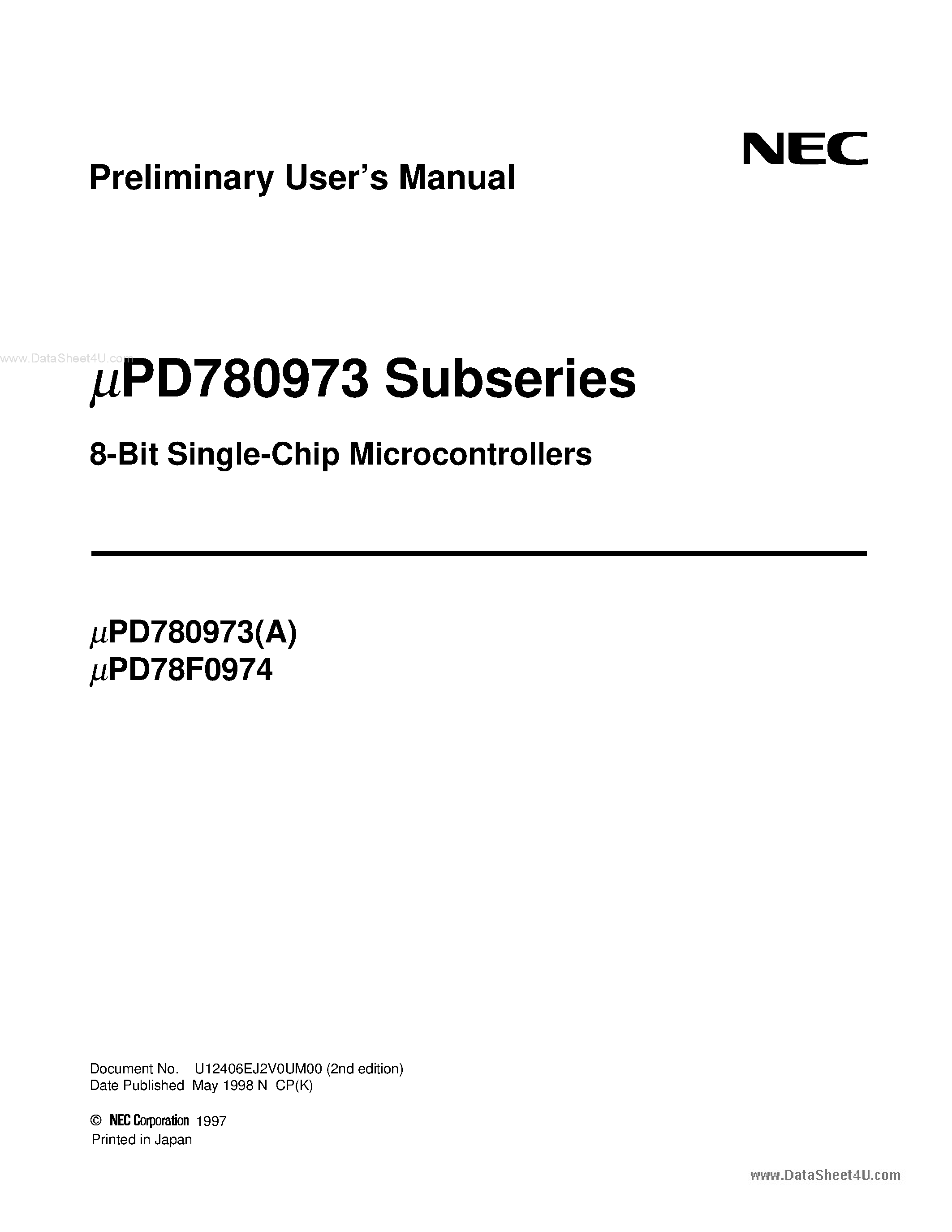 Даташит UPD780973 - (UPD78F0973 / UPD78F0974) 8-Bit Single-Chip Microcontrollers страница 1