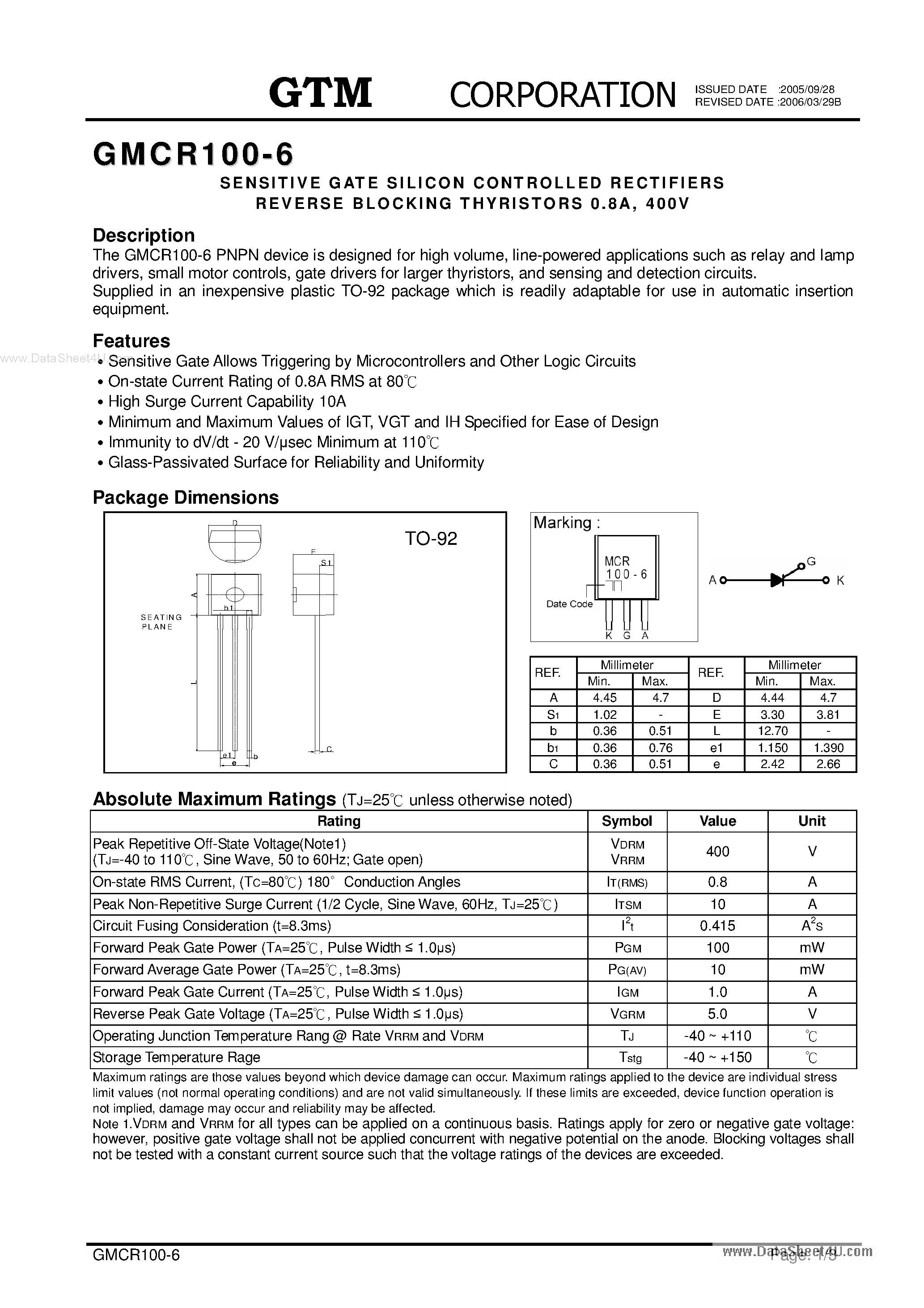 Даташит GMCR100-6 - SENSITIVE GATE SILICON CONTROLLED RECTIFIERS REVERSE BLOCKING THYRISTORS страница 1