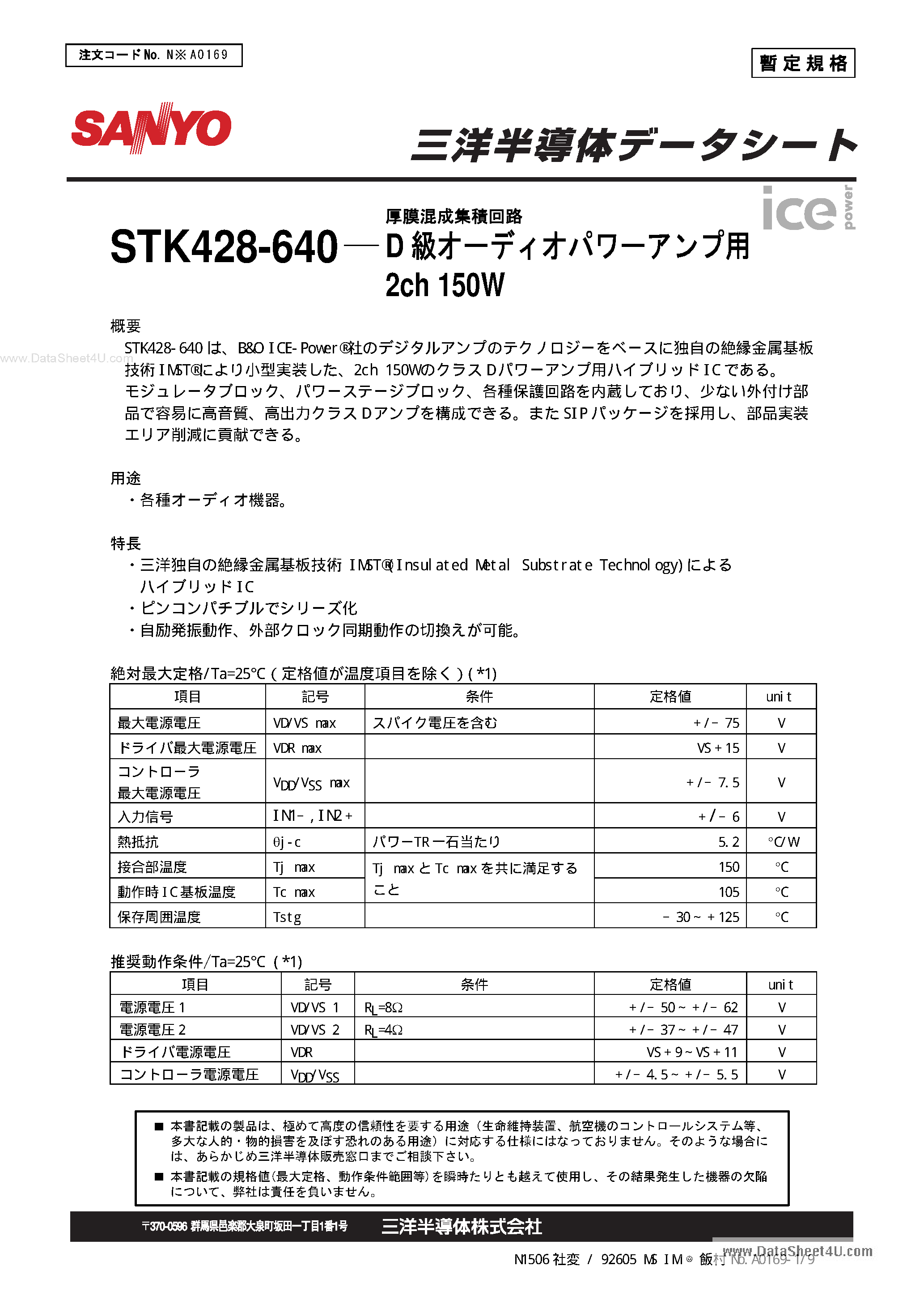 Datasheet STK428-640 - 2Ch 150W page 1