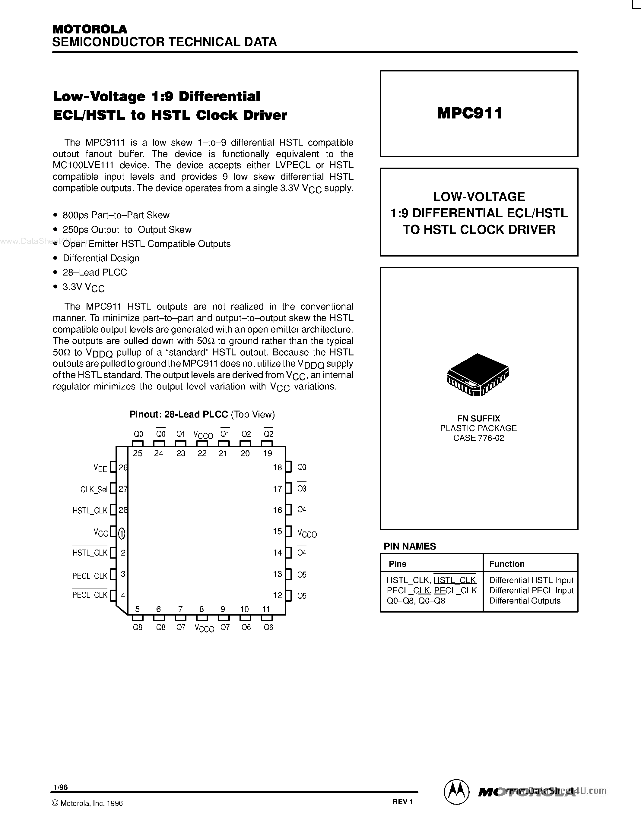 Даташит MPC911 - LOW-VOLTAGE 1:9 DIFFERENTIAL ECL/HSTL TO HSTL CLOCK DRIVER страница 1