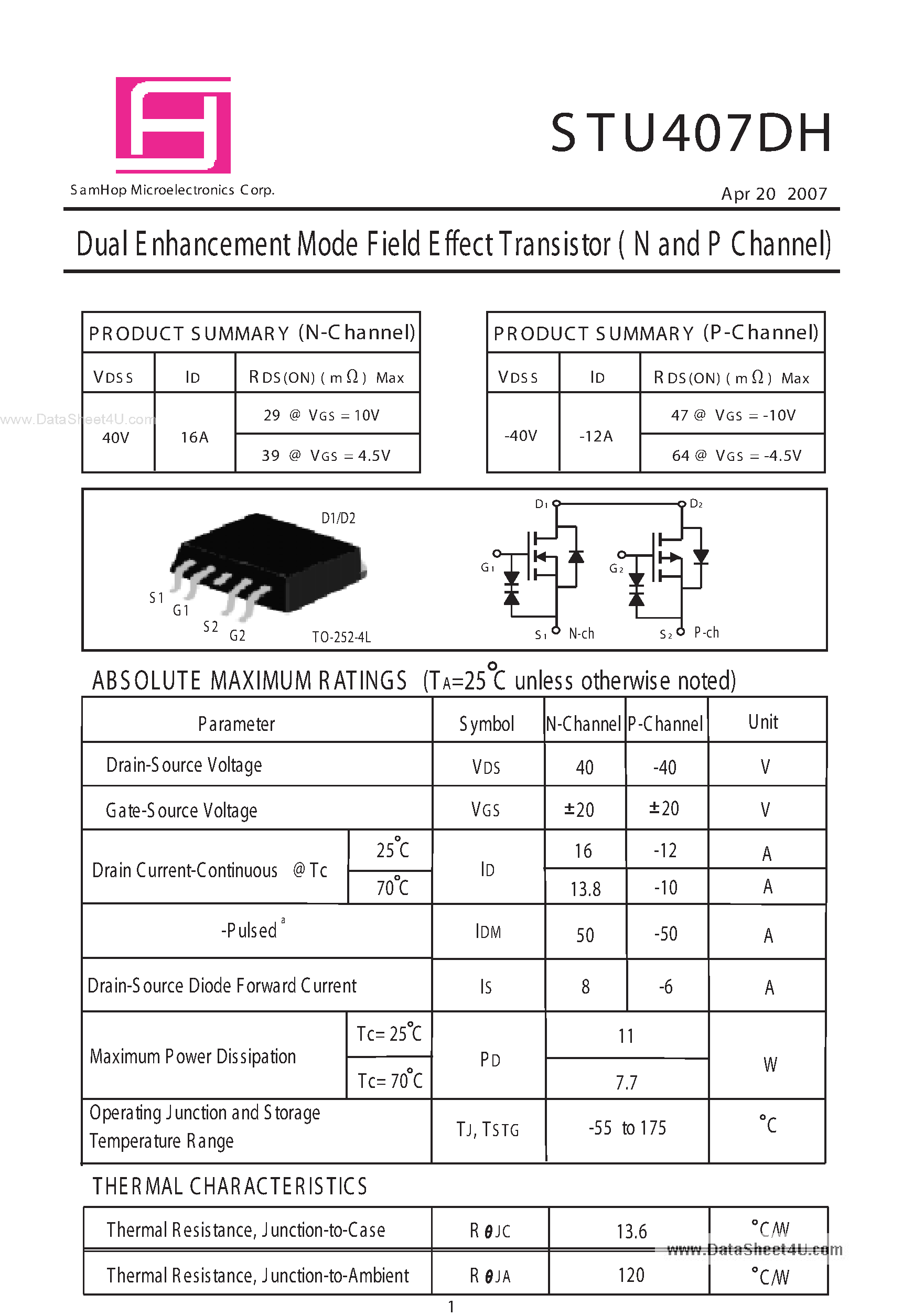 Datasheet STU407DH - Dual Enhancement Mode Field Effect Transistor page 1