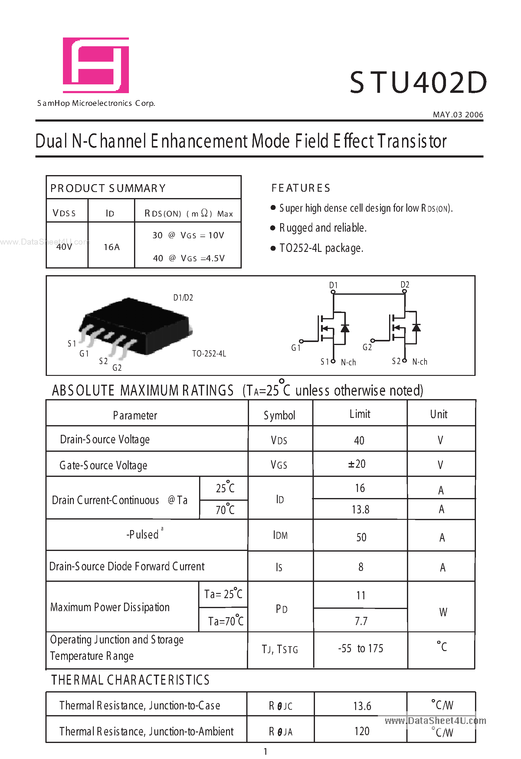 Datasheet STU402D - Dual N-Channel E nhancement Mode Field Effect Transistor page 1