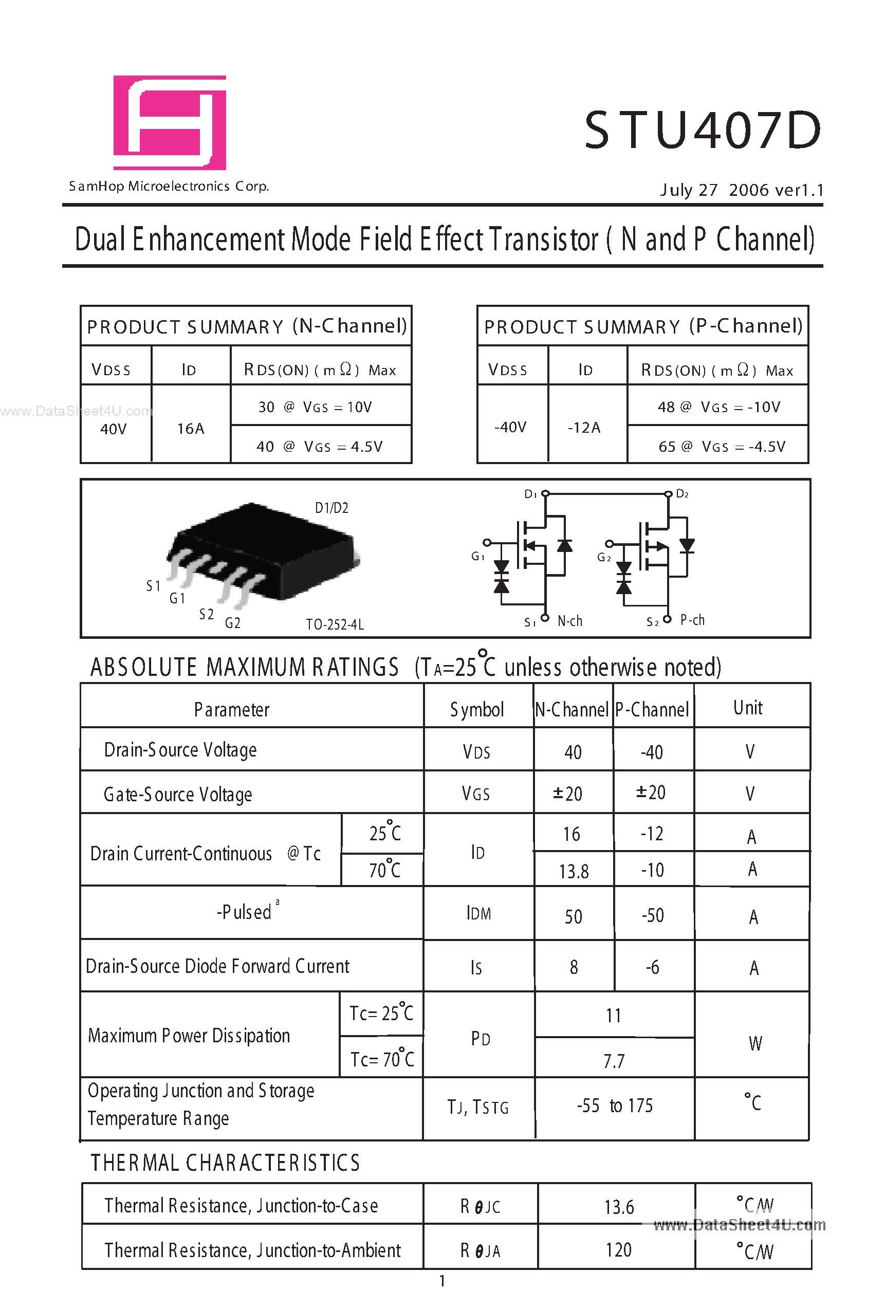 Datasheet STU407D - Dual Enhancement Mode Field Effect Transistor page 1