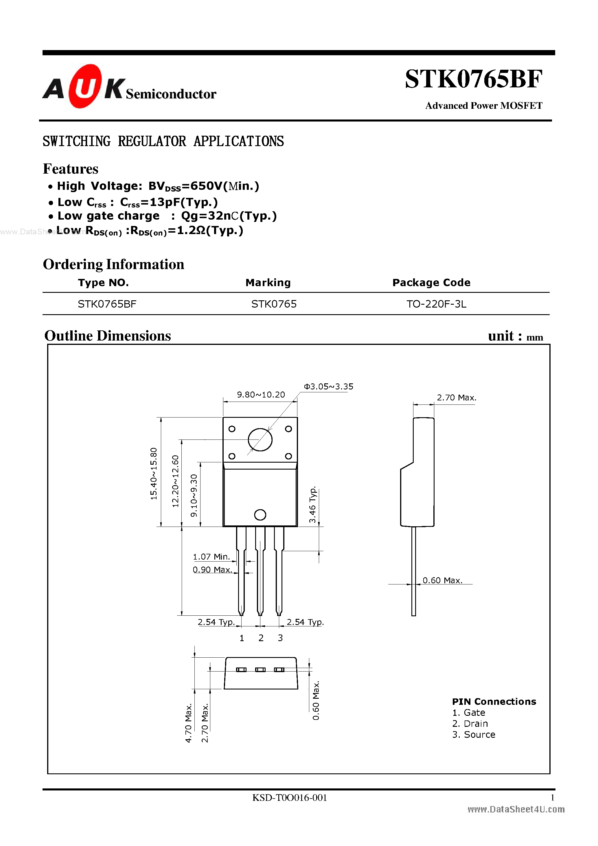 Datasheet STK0765BF - Advanced Power MOSFET page 1