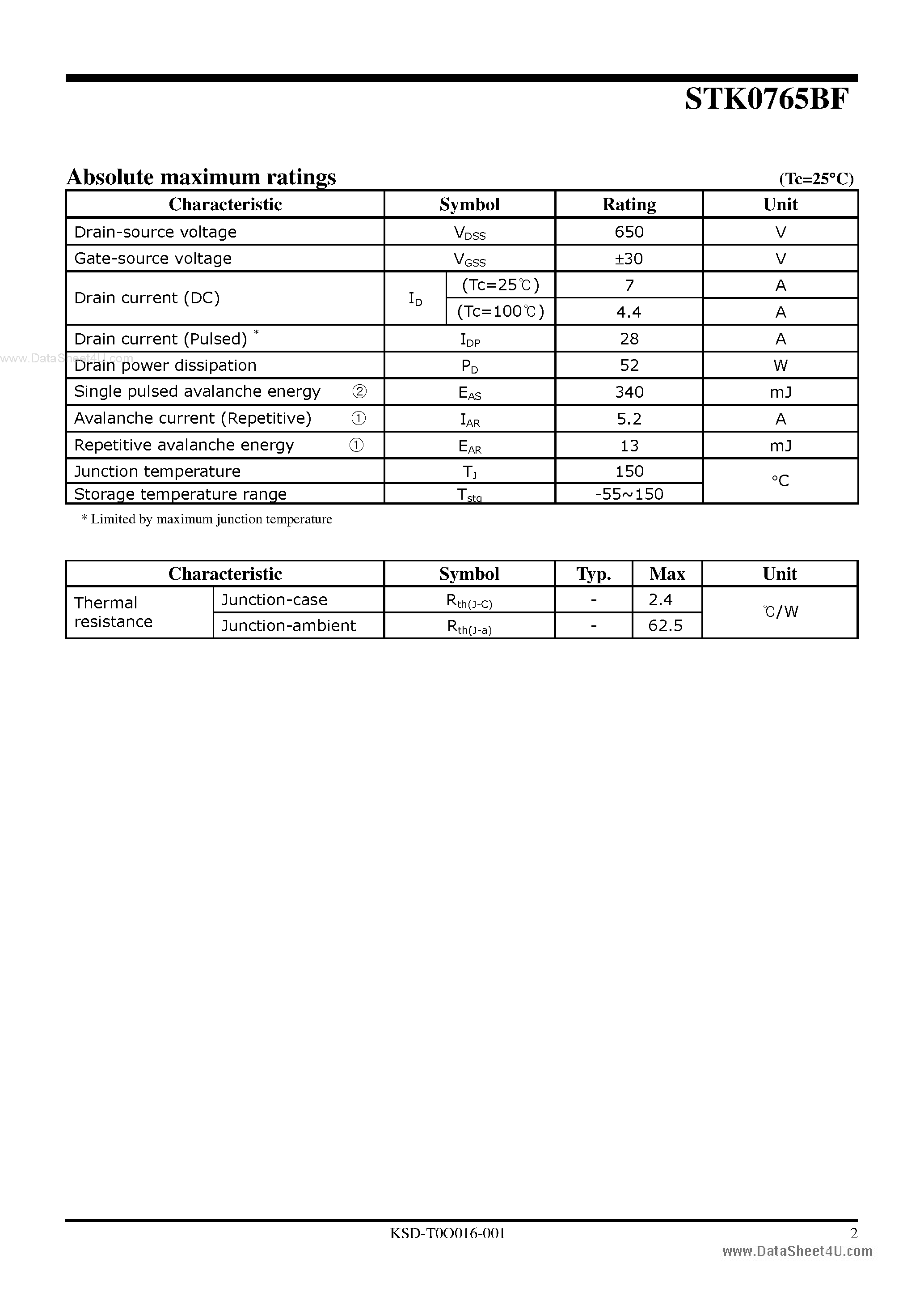 Datasheet STK0765BF - Advanced Power MOSFET page 2