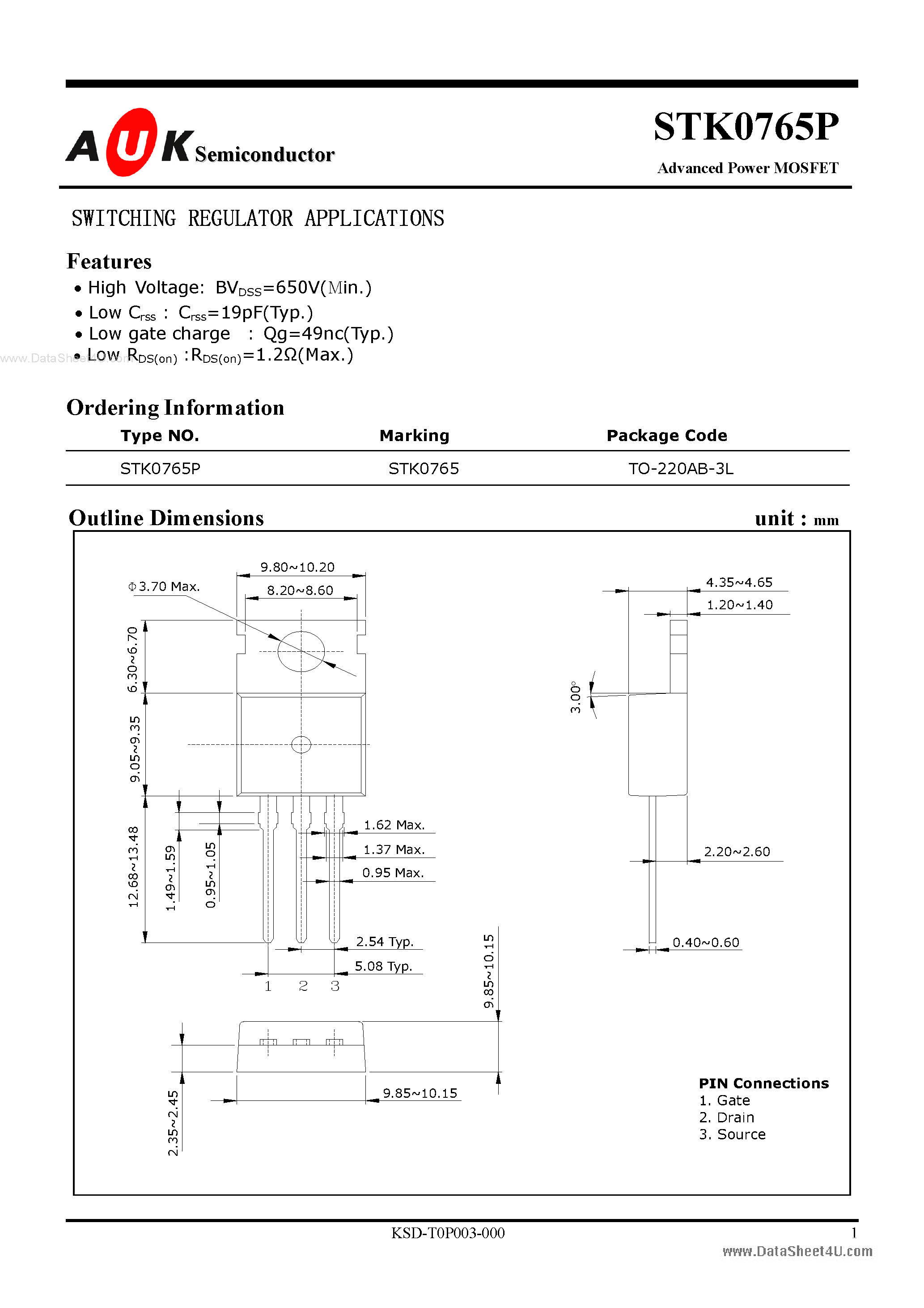 Datasheet STK0765P - Advanced Power MOSFET page 1