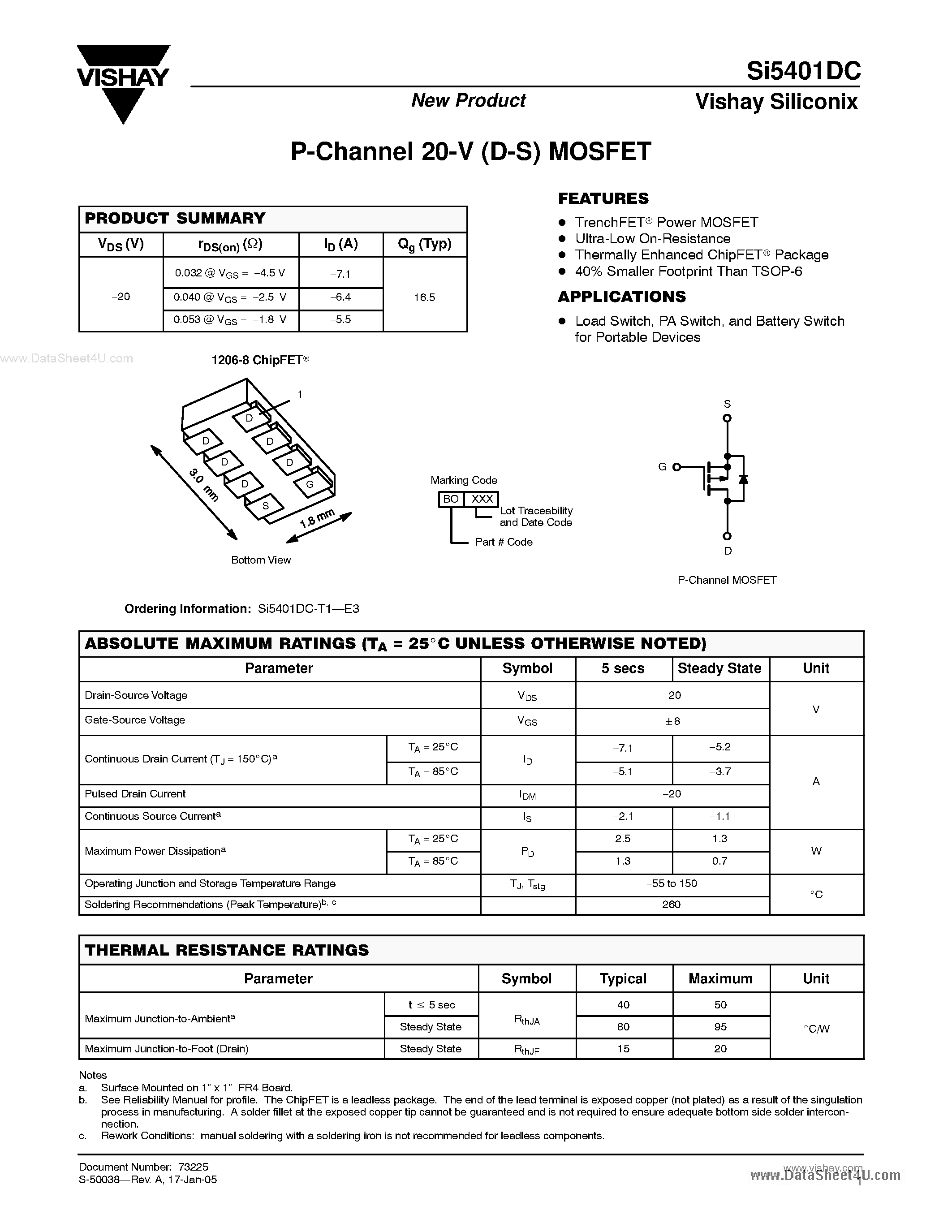 Даташит SI5401DC - P-Channel 20-V (D-S) MOSFET страница 1