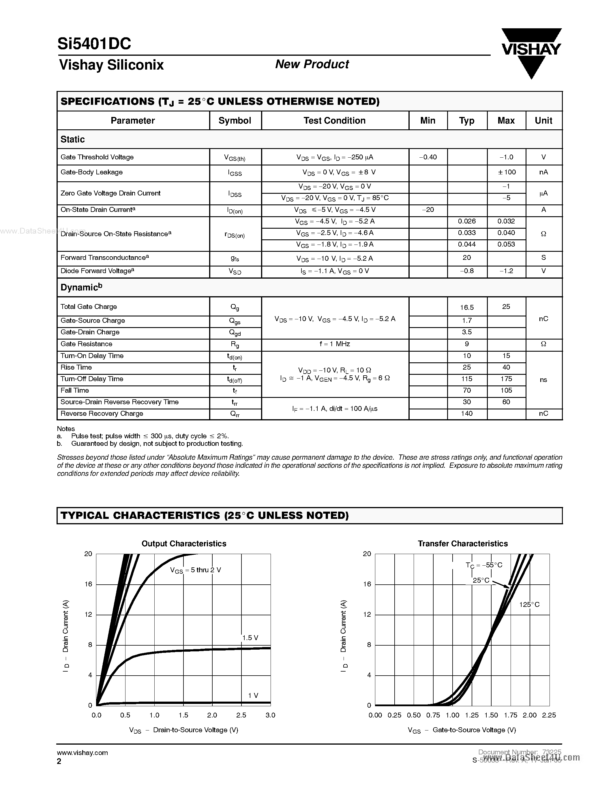 Даташит SI5401DC - P-Channel 20-V (D-S) MOSFET страница 2