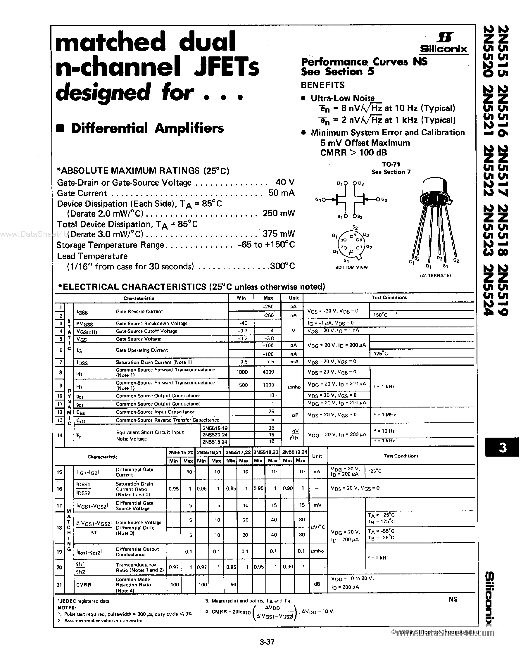 Даташит 2N5515 - (2N5515 - 2N5524) Dual N-Channel JFETS страница 1