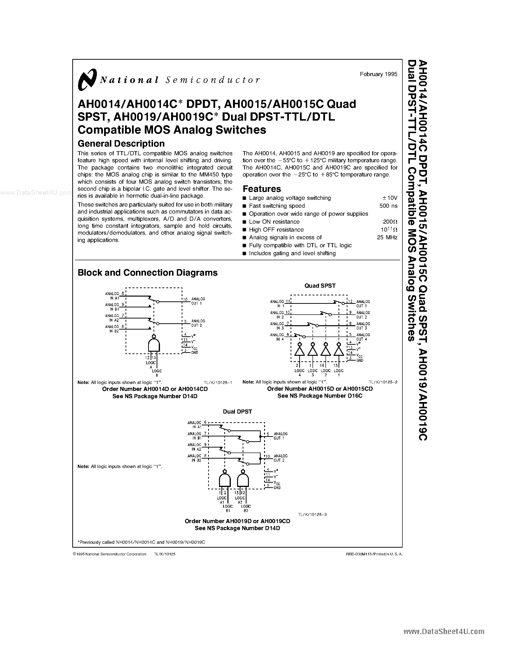 Даташит AH0014 - (AH0014 - AH0019) Dual DPST-TTL/DTL Compatible MOS Analog Switches страница 1