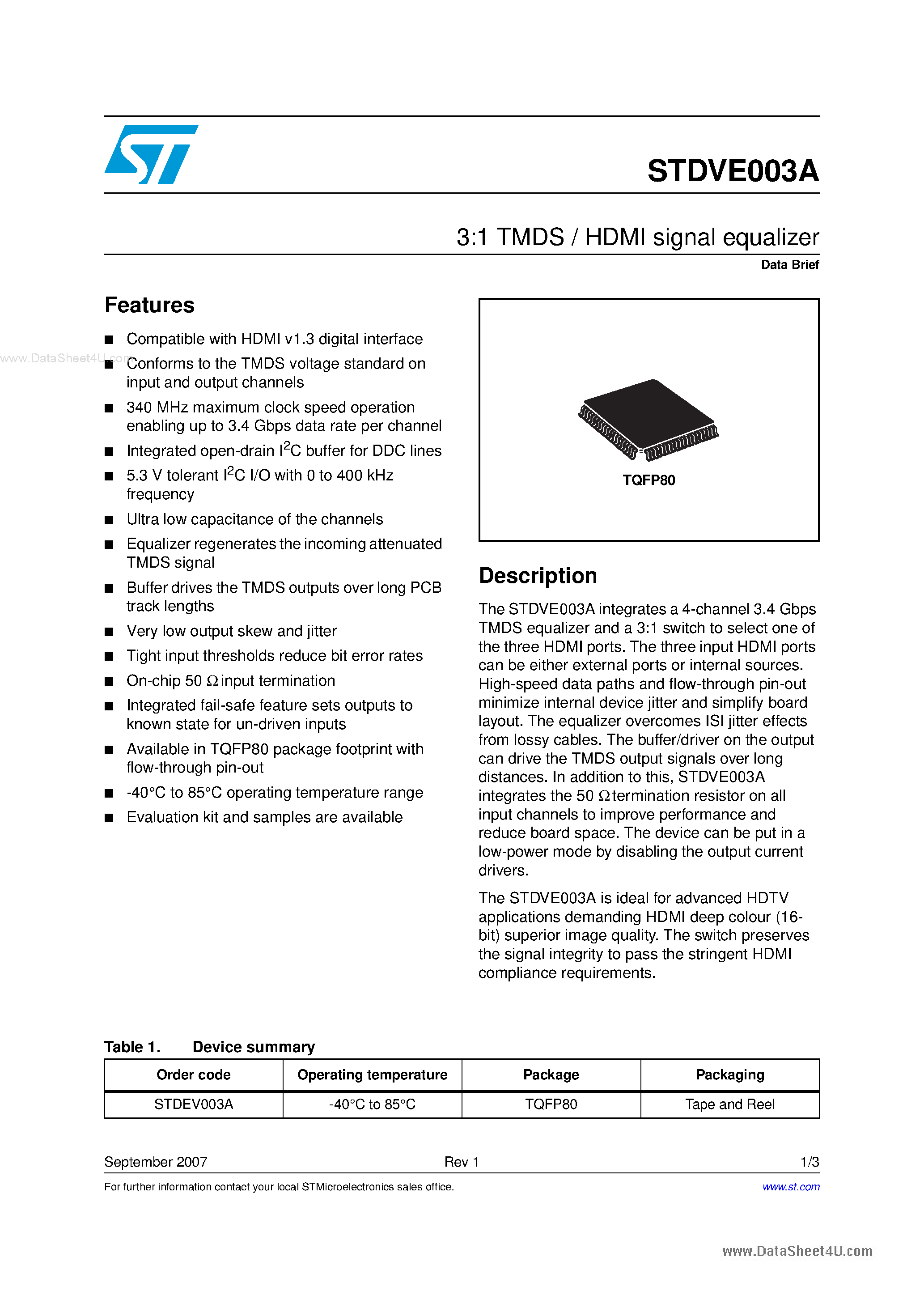 Даташит STDVE003A - 3:1 TMDS / HDMI signal equalizer страница 1