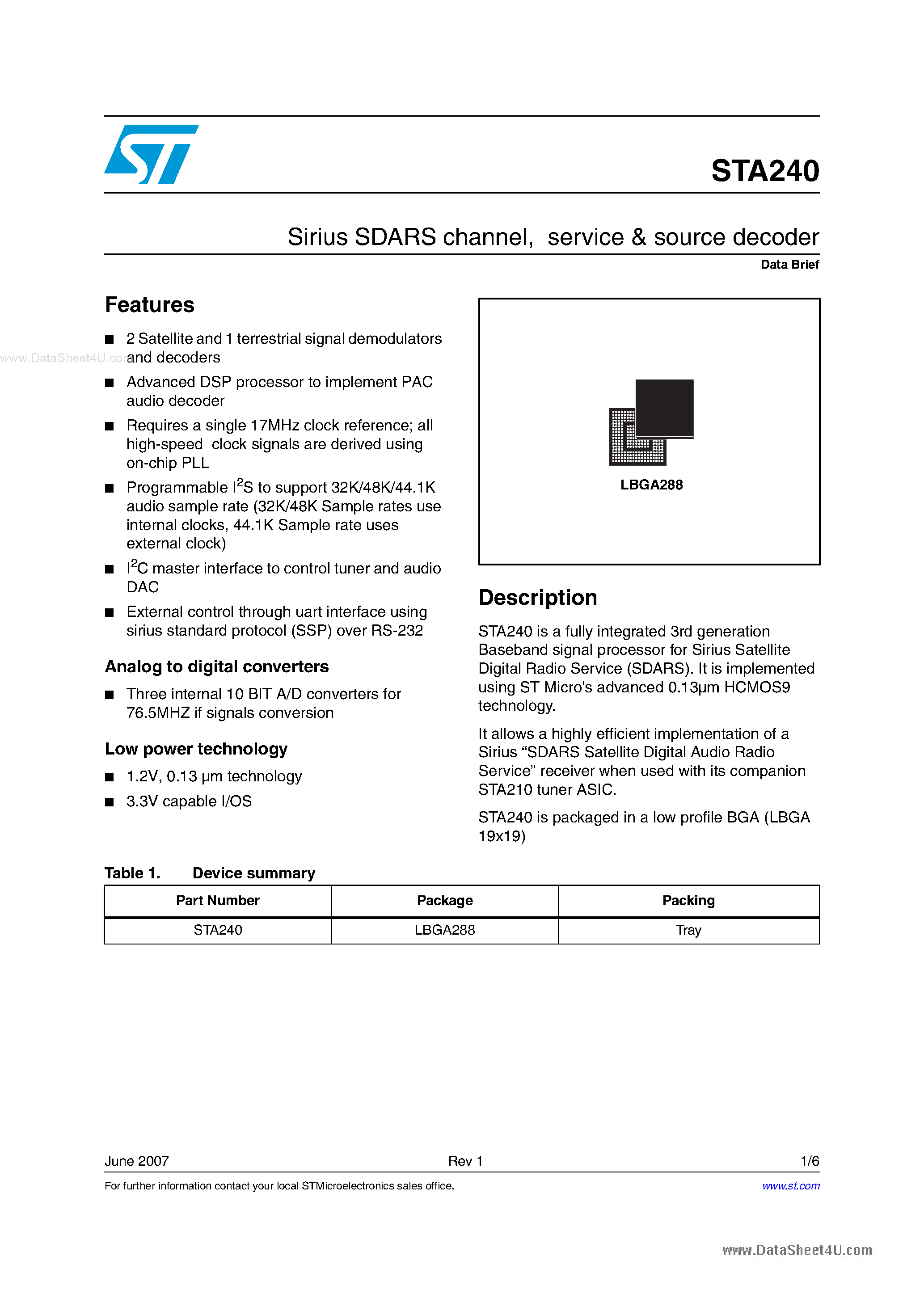 Даташит STA240 - service & source decoder страница 1