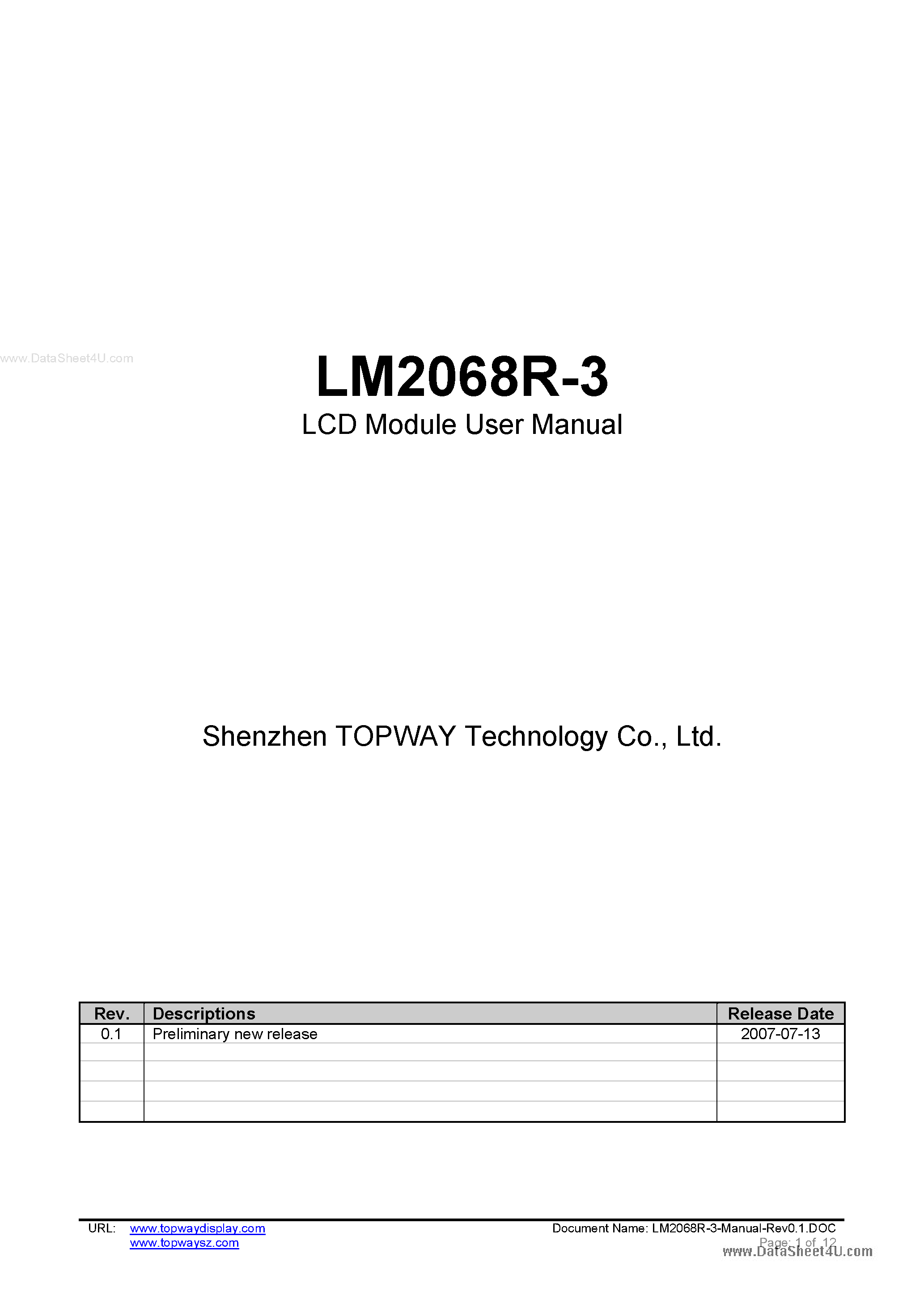 Datasheet LM2068R-3 - LCD Module page 1