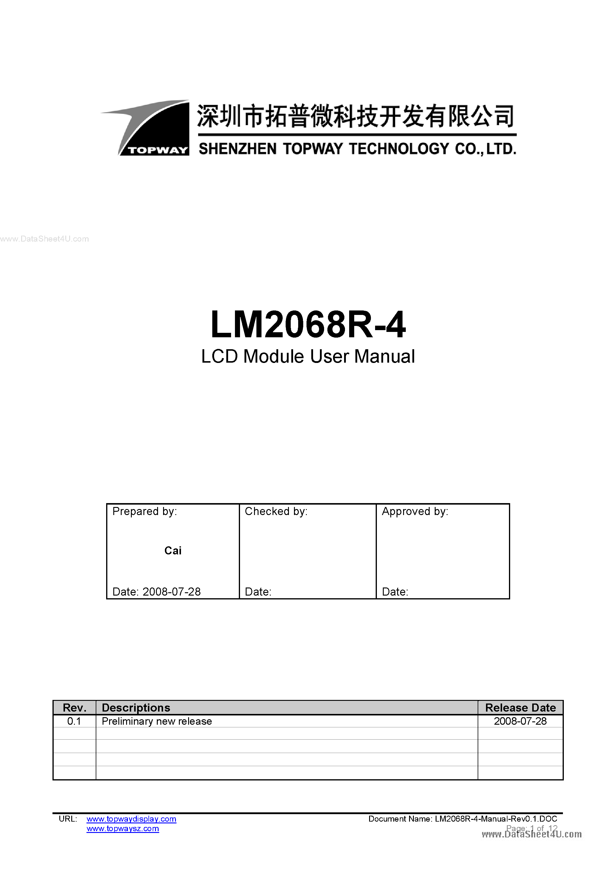 Datasheet LM2068R-4 - LCD Module page 1