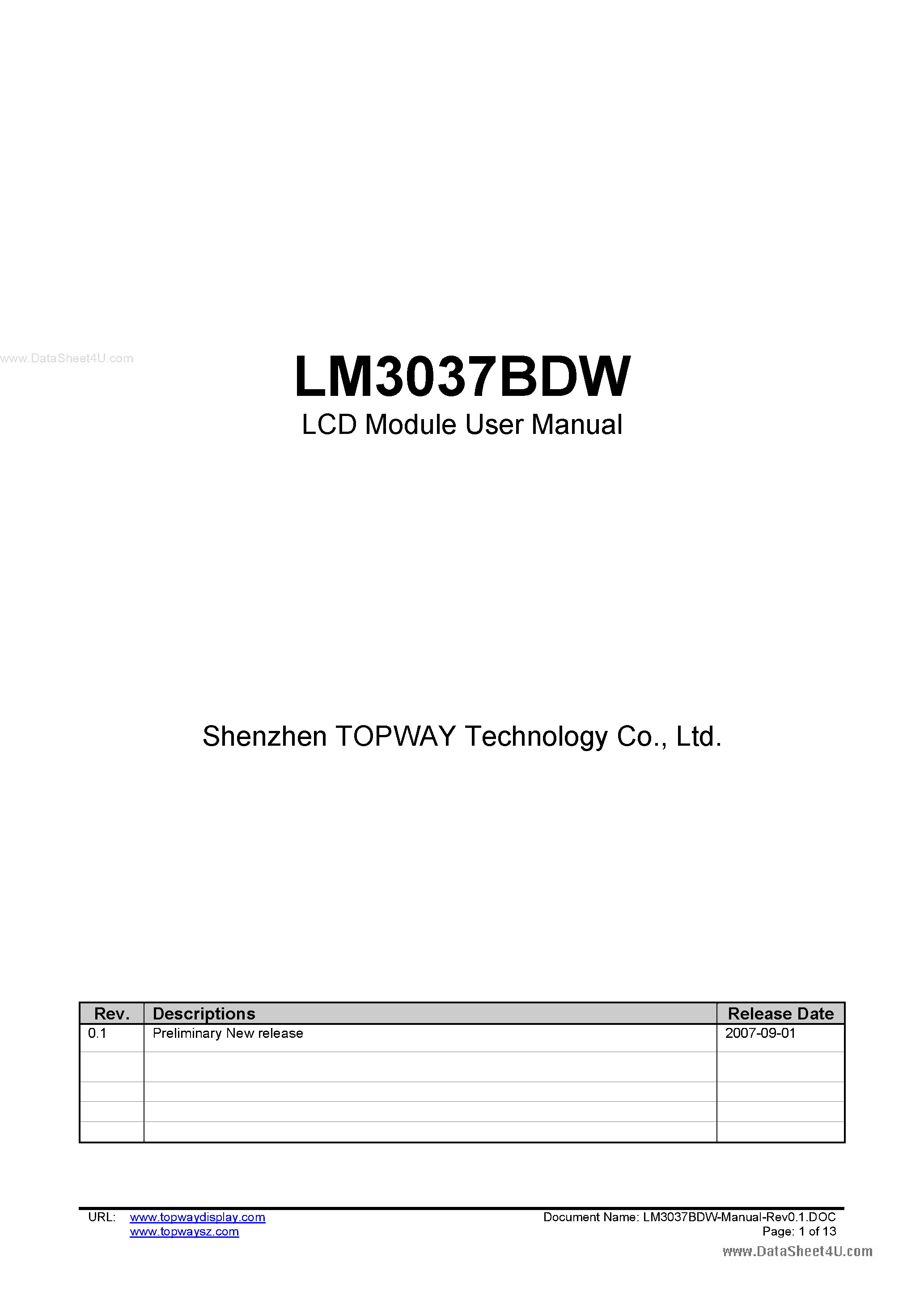 Datasheet LM3037BDW - LCD Module page 1