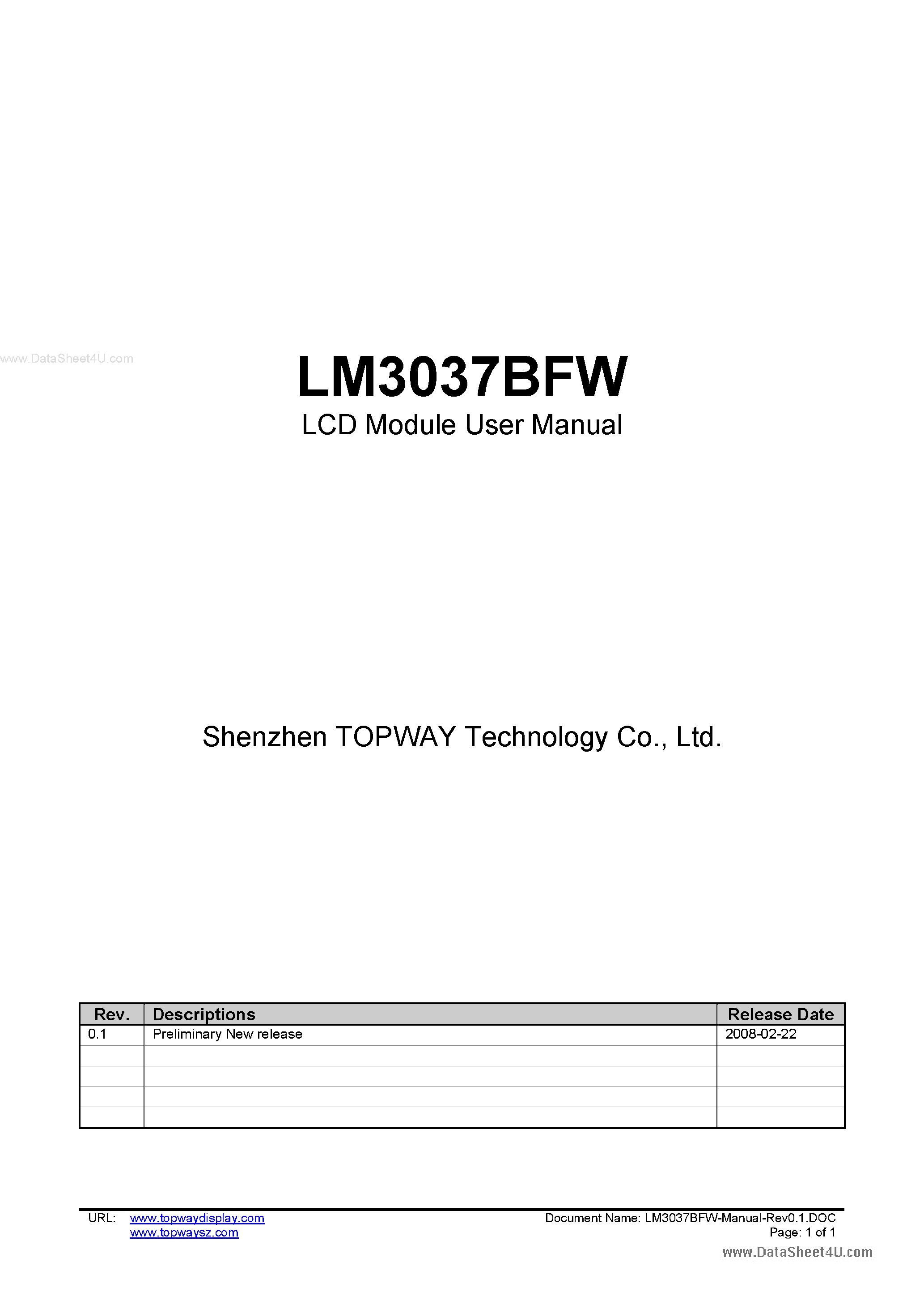 Datasheet LM3037BFW - LCD Module page 1