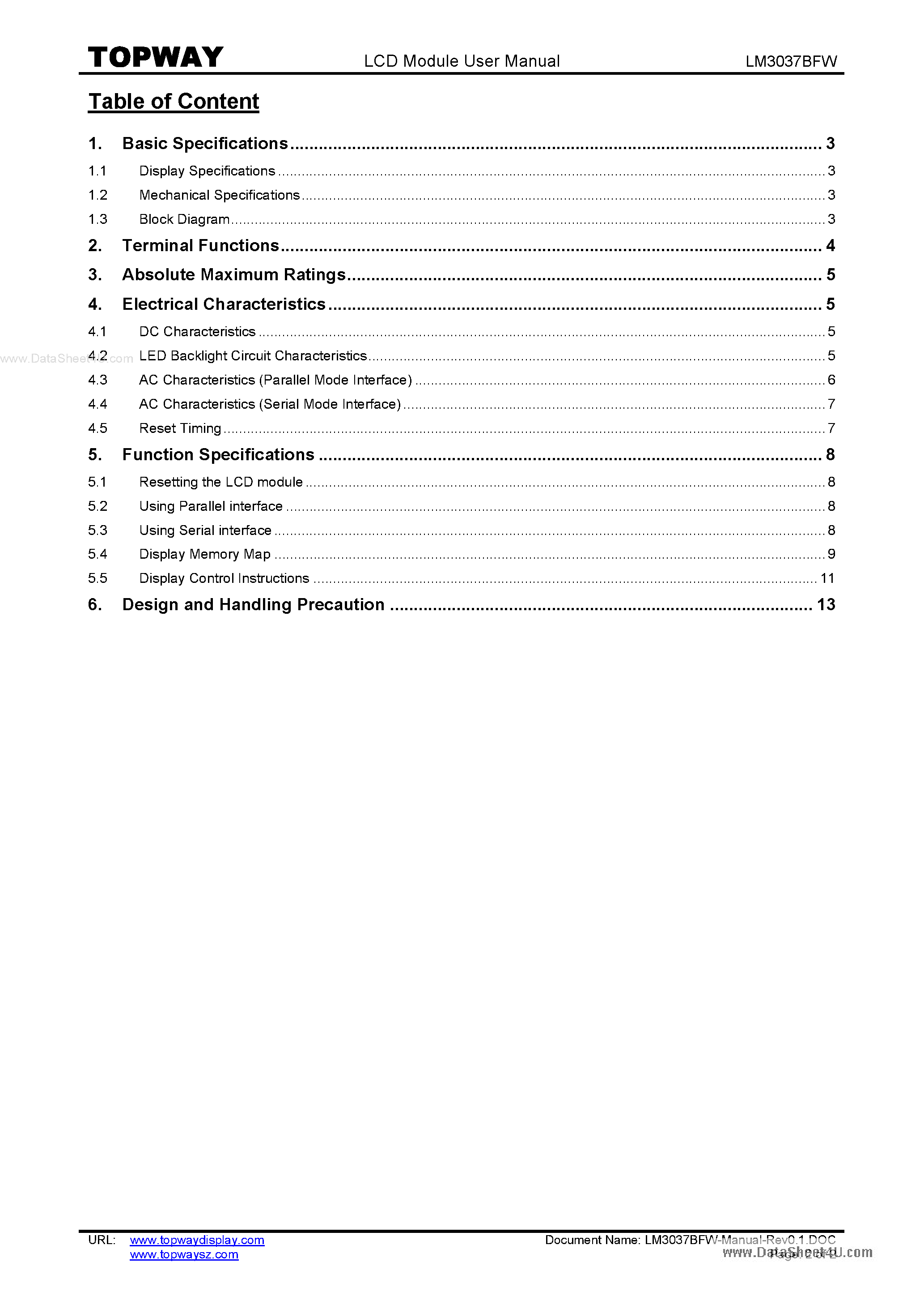 Datasheet LM3037BFW - LCD Module page 2