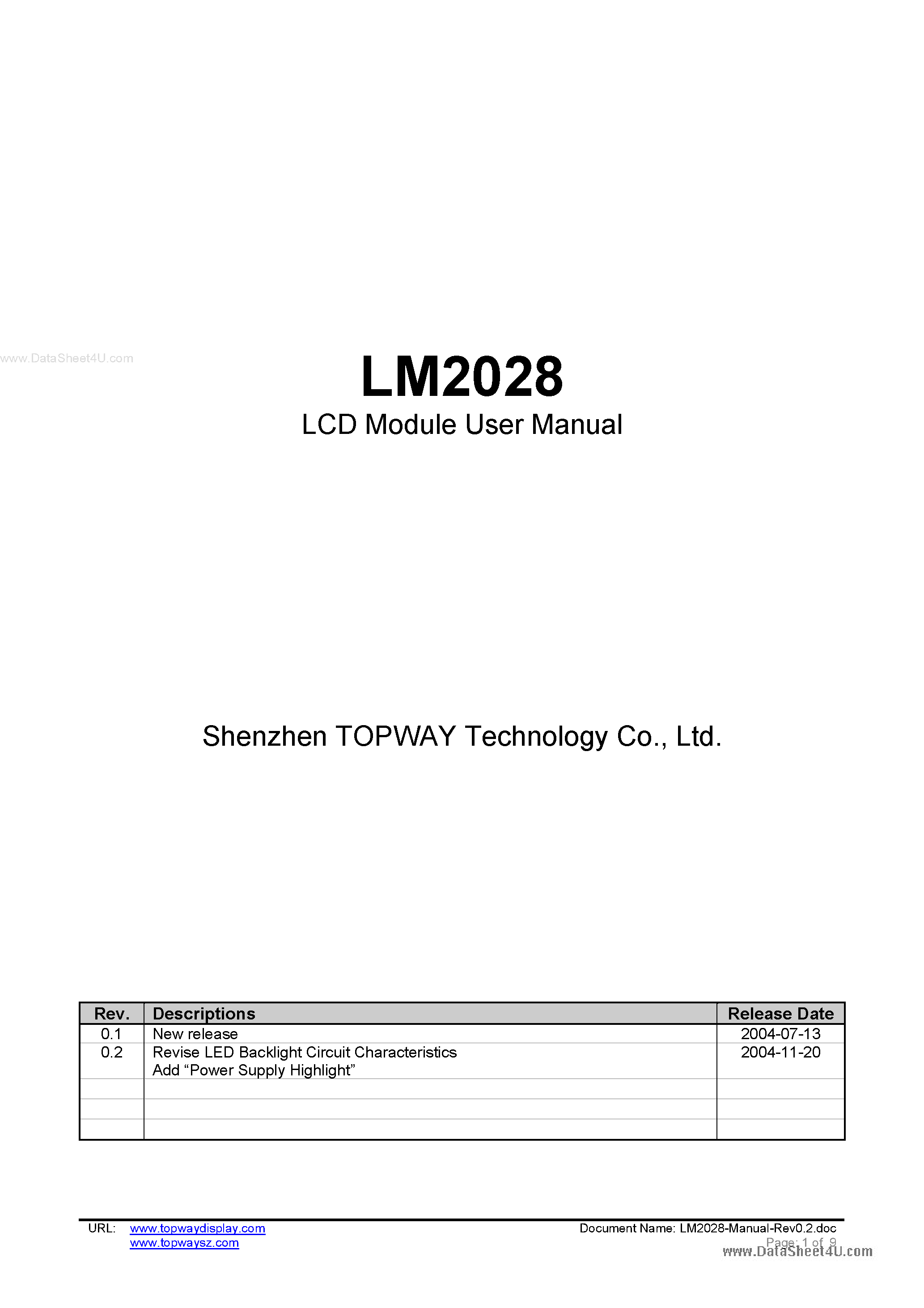 Даташит LM2028 - LCD Module страница 1