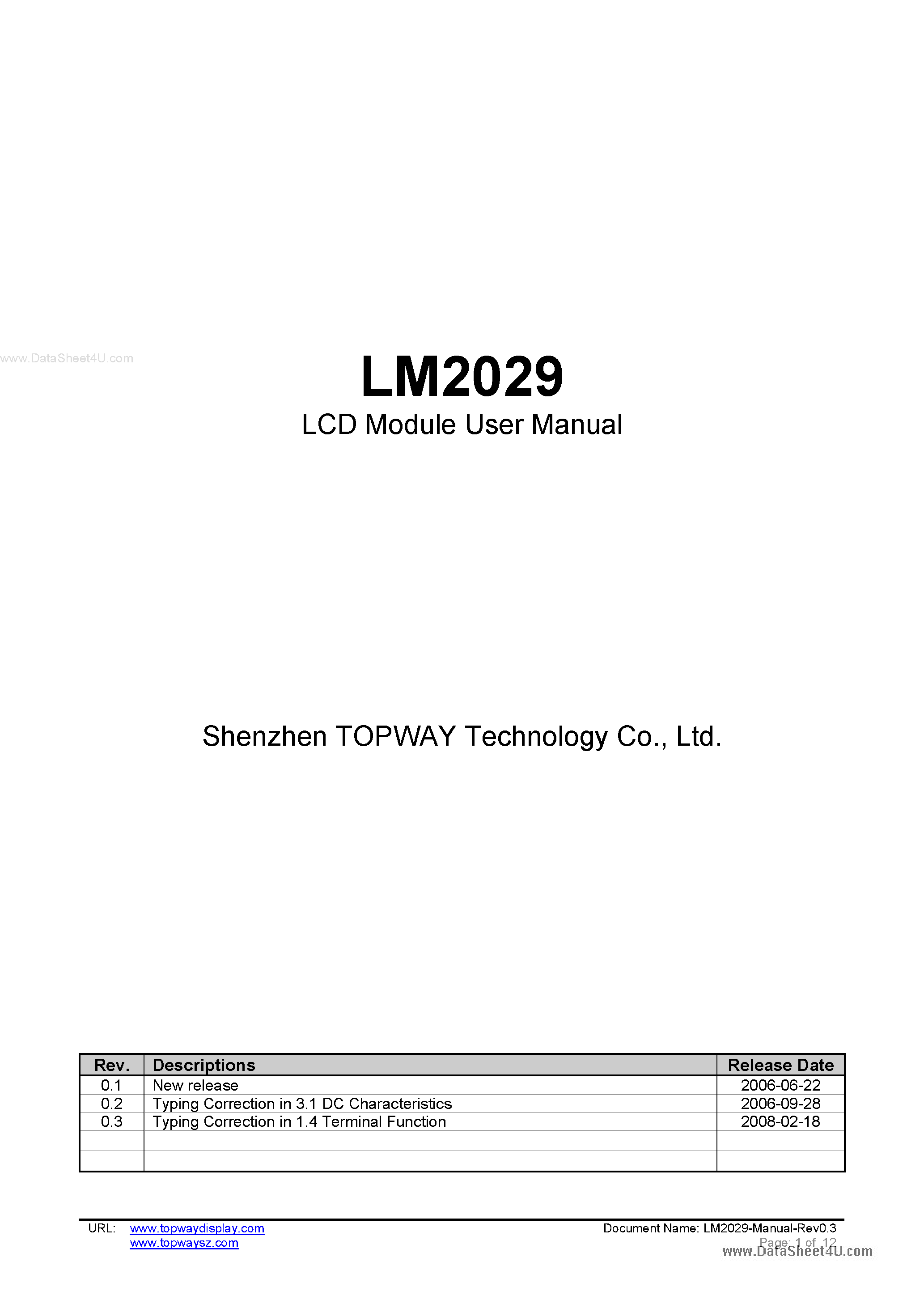 Datasheet LM2029 - LCD Module page 1