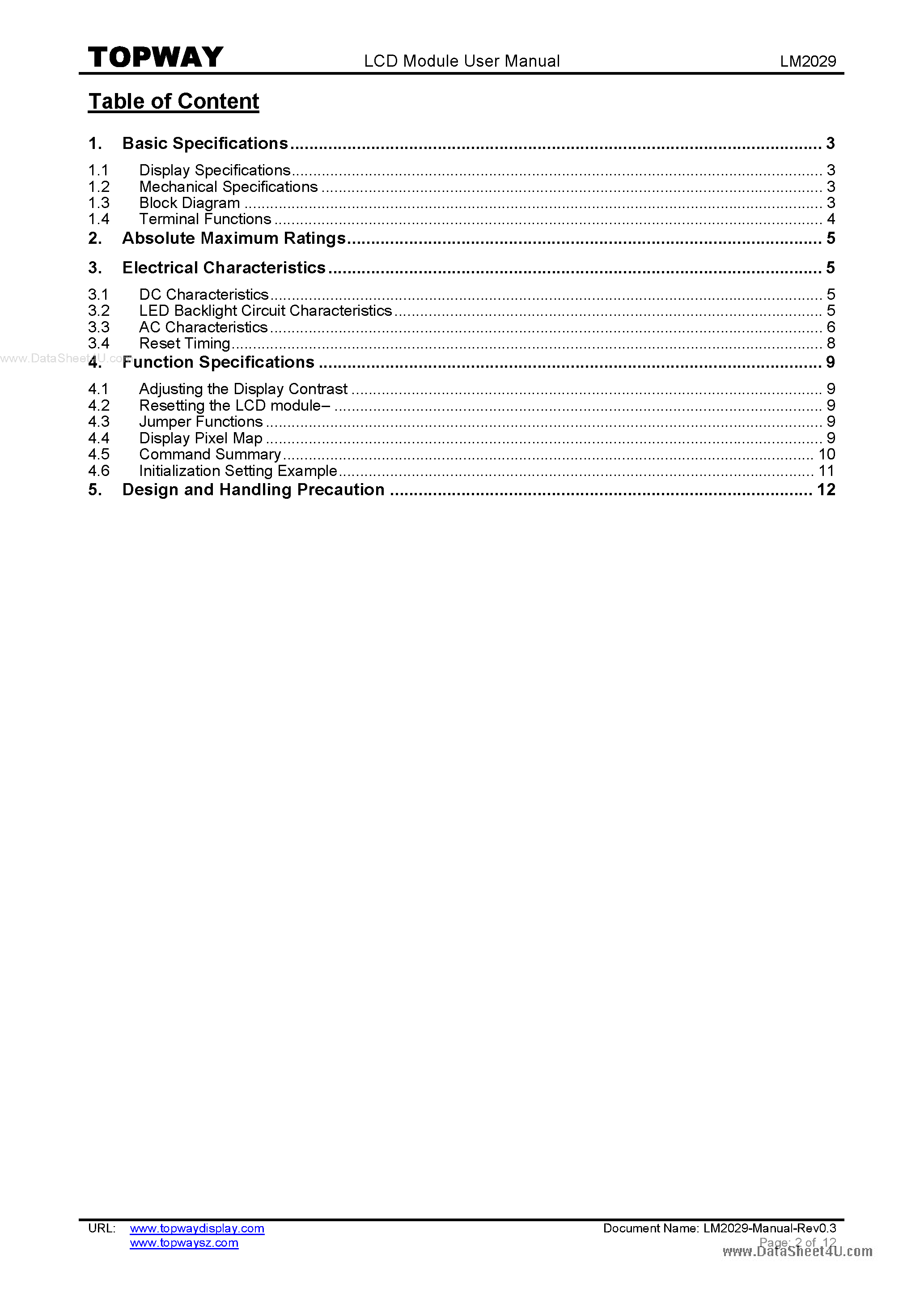 Datasheet LM2029 - LCD Module page 2