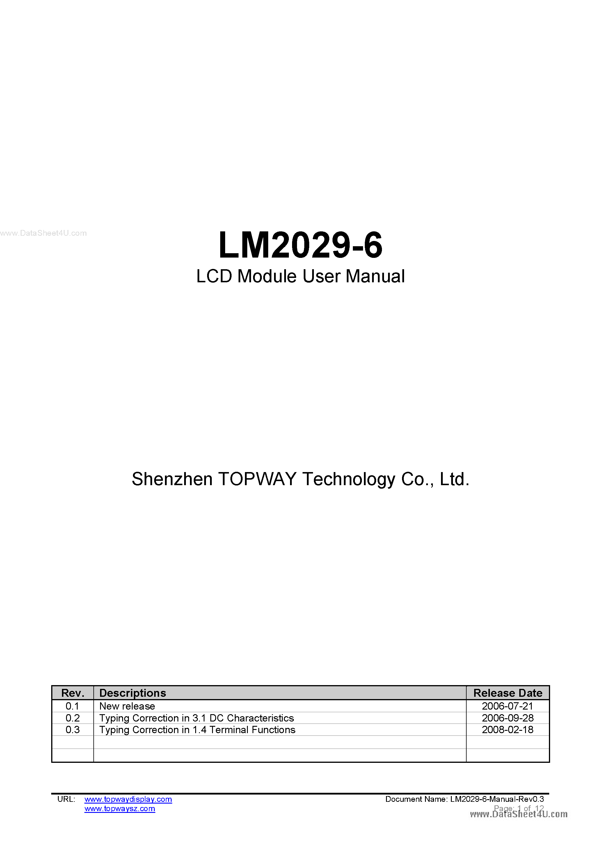 Datasheet LM2029-6 - LCD Module page 1