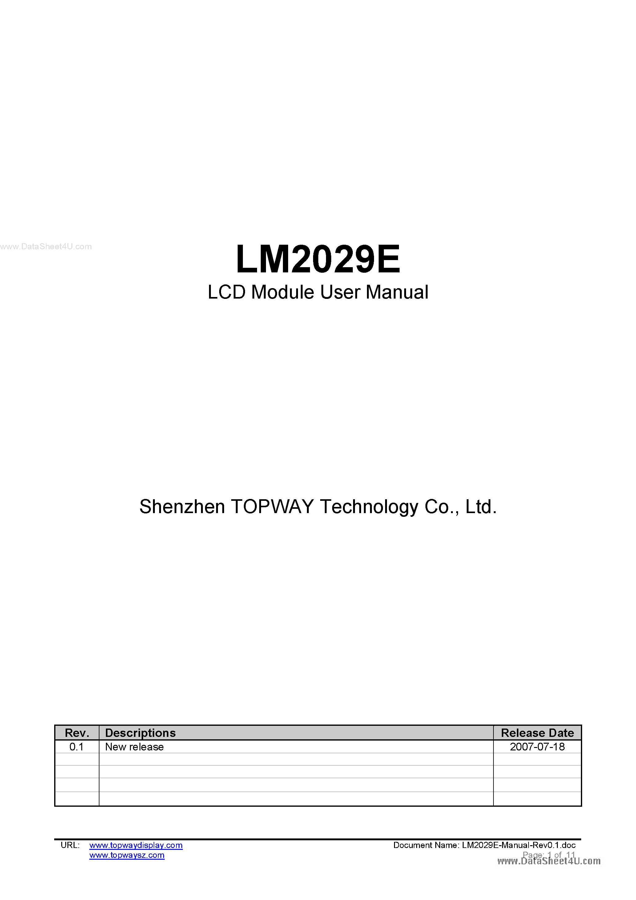 Datasheet LM2029E - LCD Module page 1