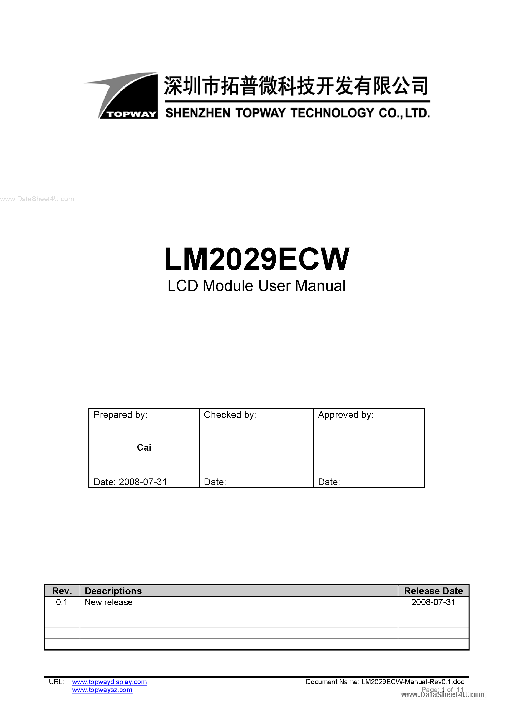 Datasheet LM2029ECW - LCD Module page 1