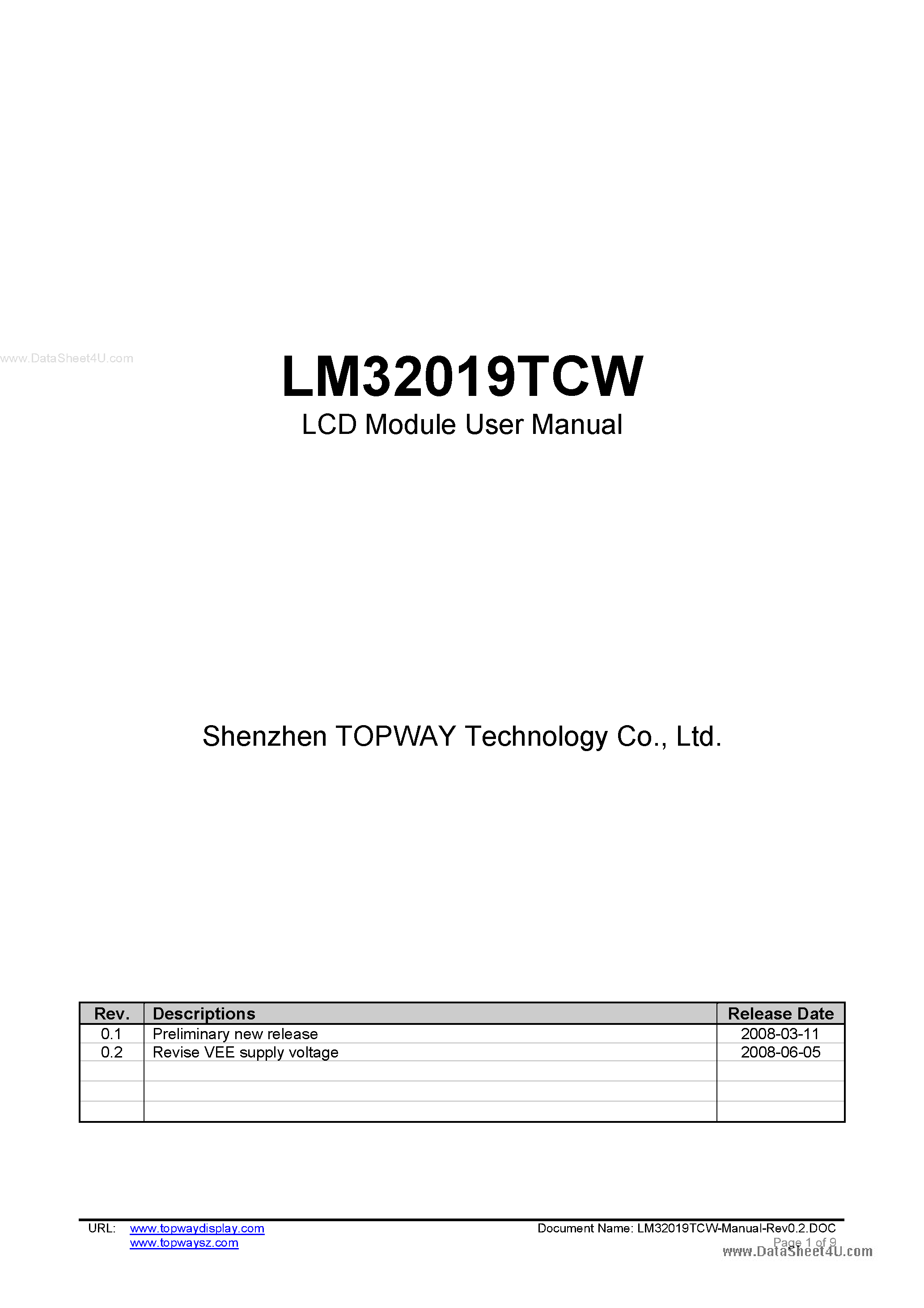 Datasheet LM32019TCW - LCD Module page 1