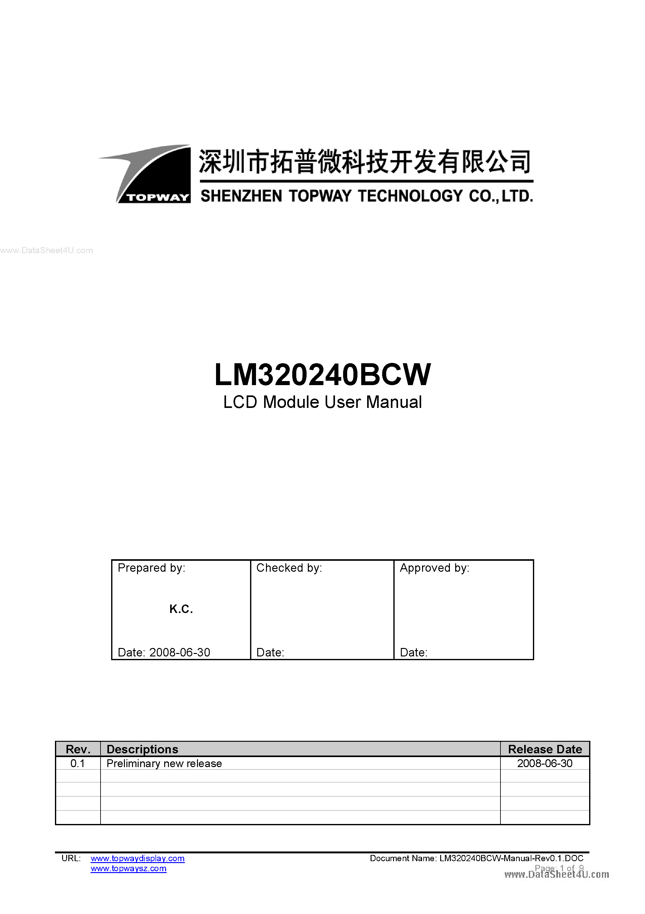 Datasheet LM320240BCW - LCD Module page 1