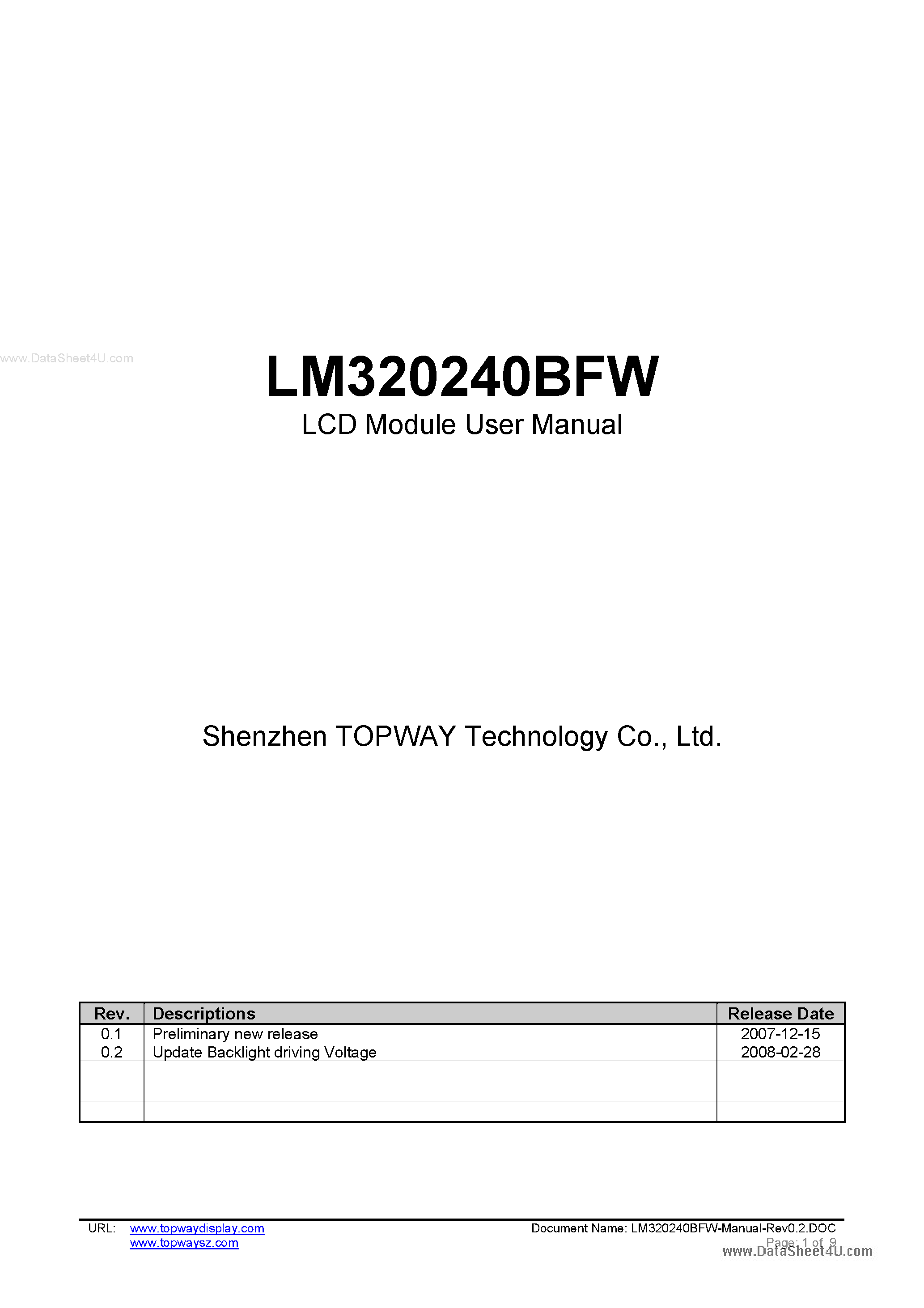 Datasheet LM320240BFW - LCD Module page 1