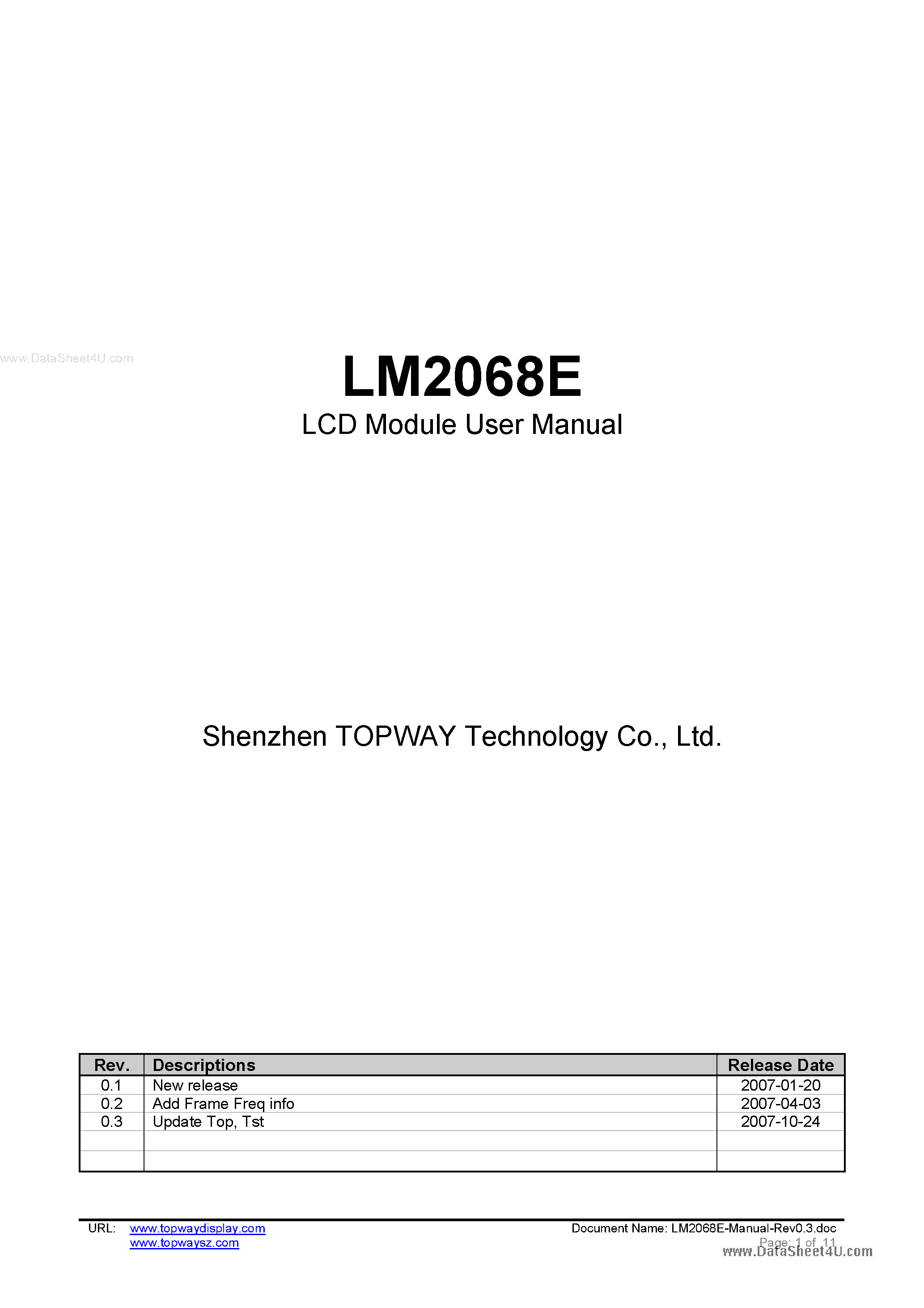 Datasheet LM2068E - LCD Module page 1