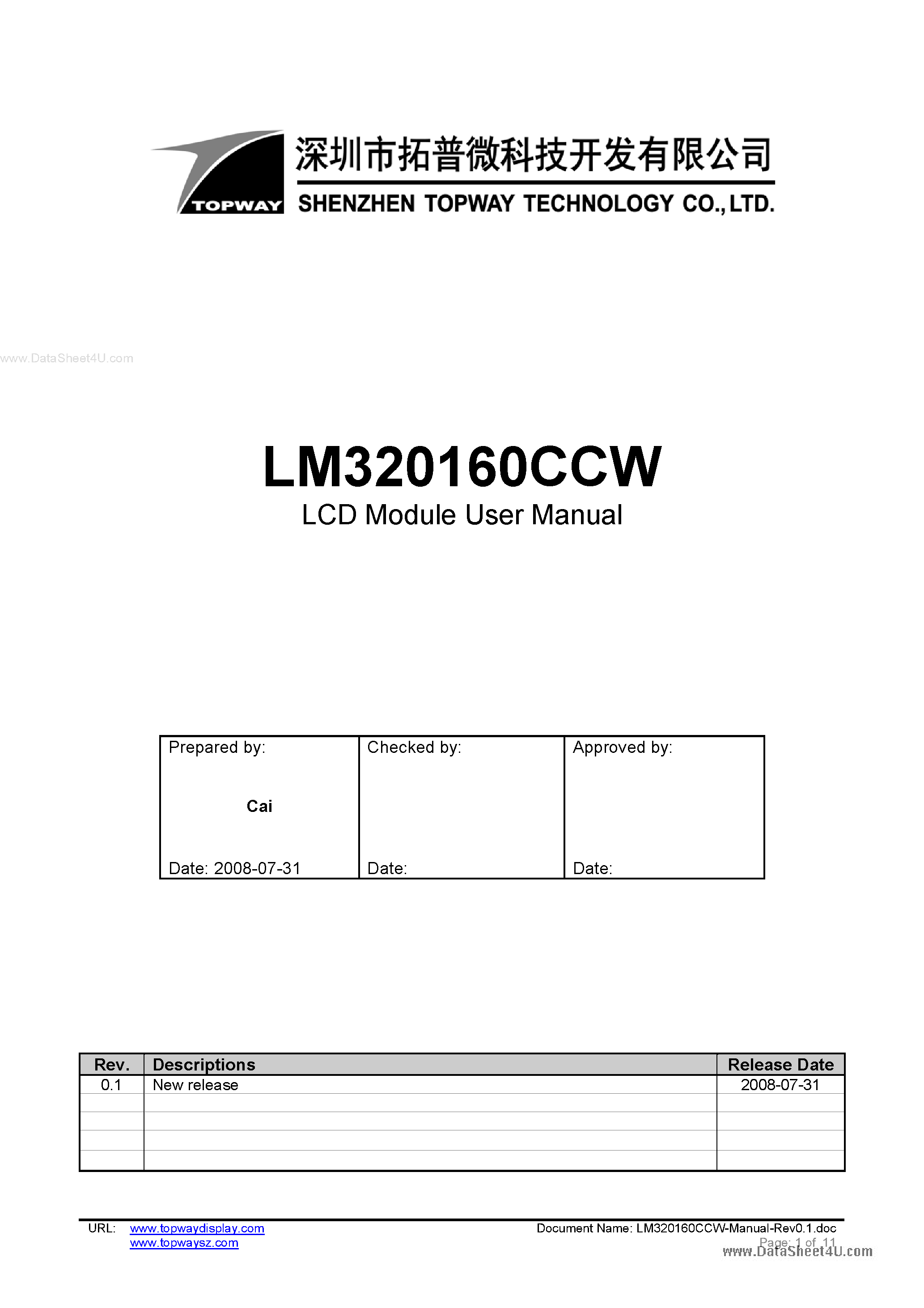 Datasheet LM320160CCW - LCD Module page 1