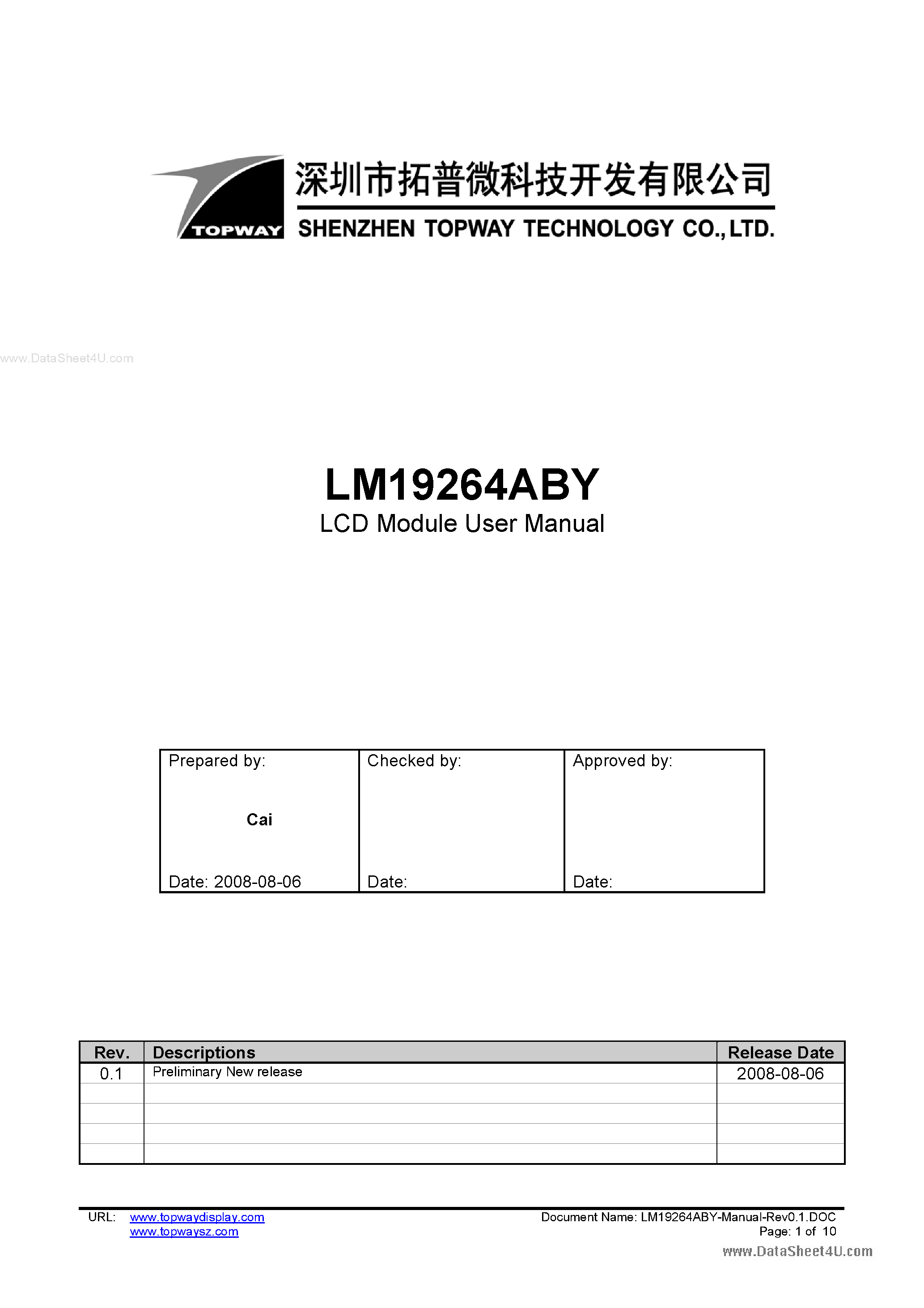 Даташит LM19264ABY - LCD Module страница 1