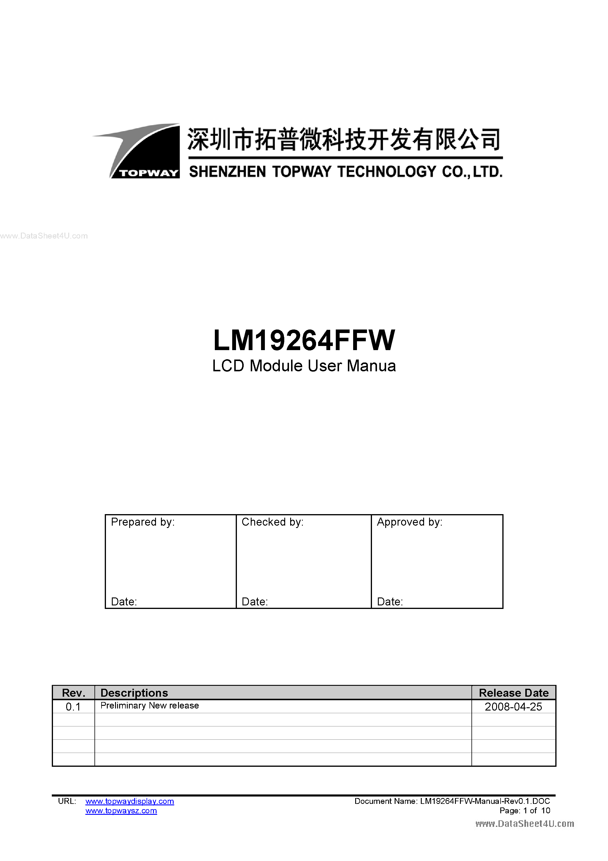 Даташит LM19264FFW - LCD Module страница 1