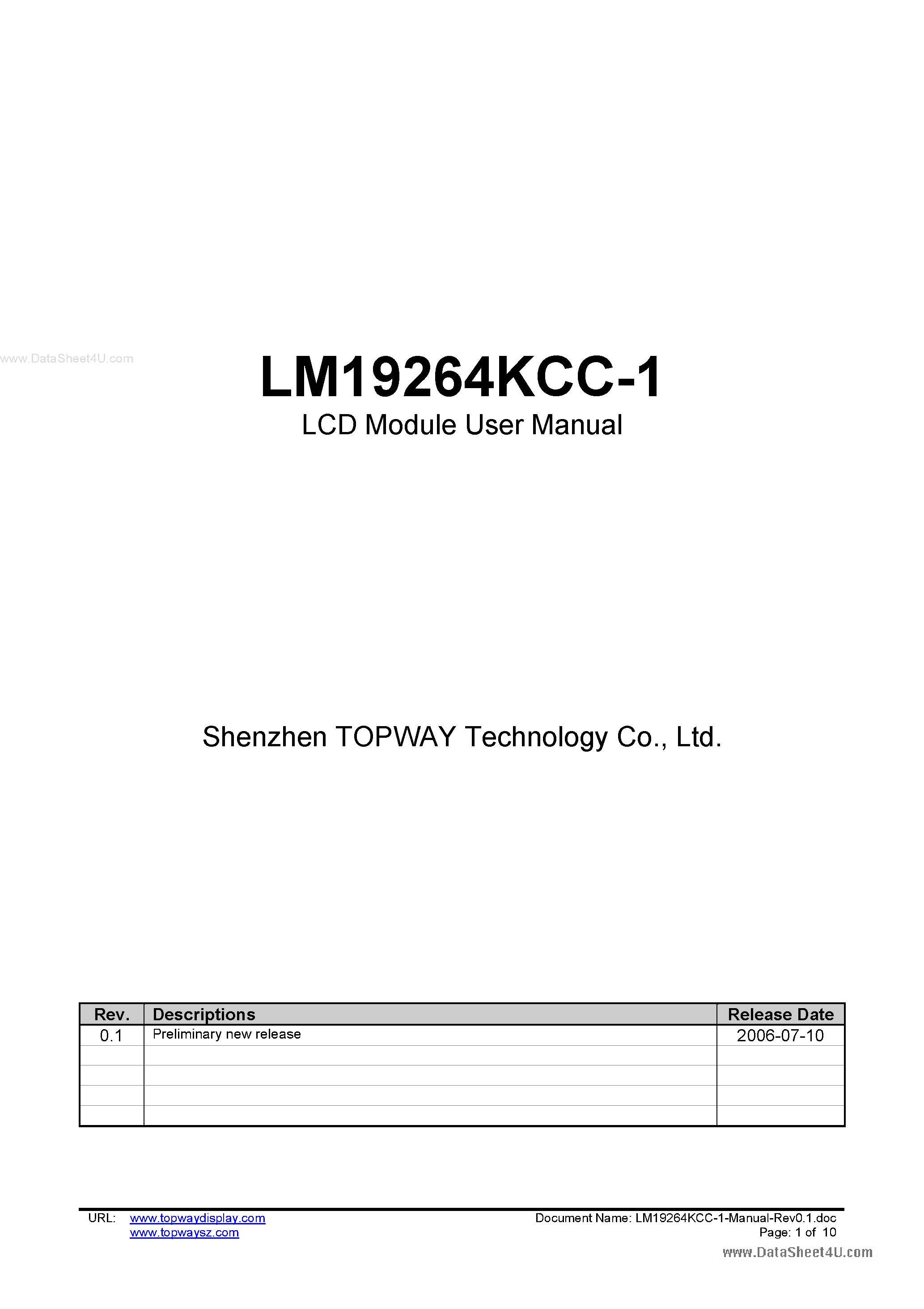 Даташит LM19264KCC-1 - LCD Module страница 1