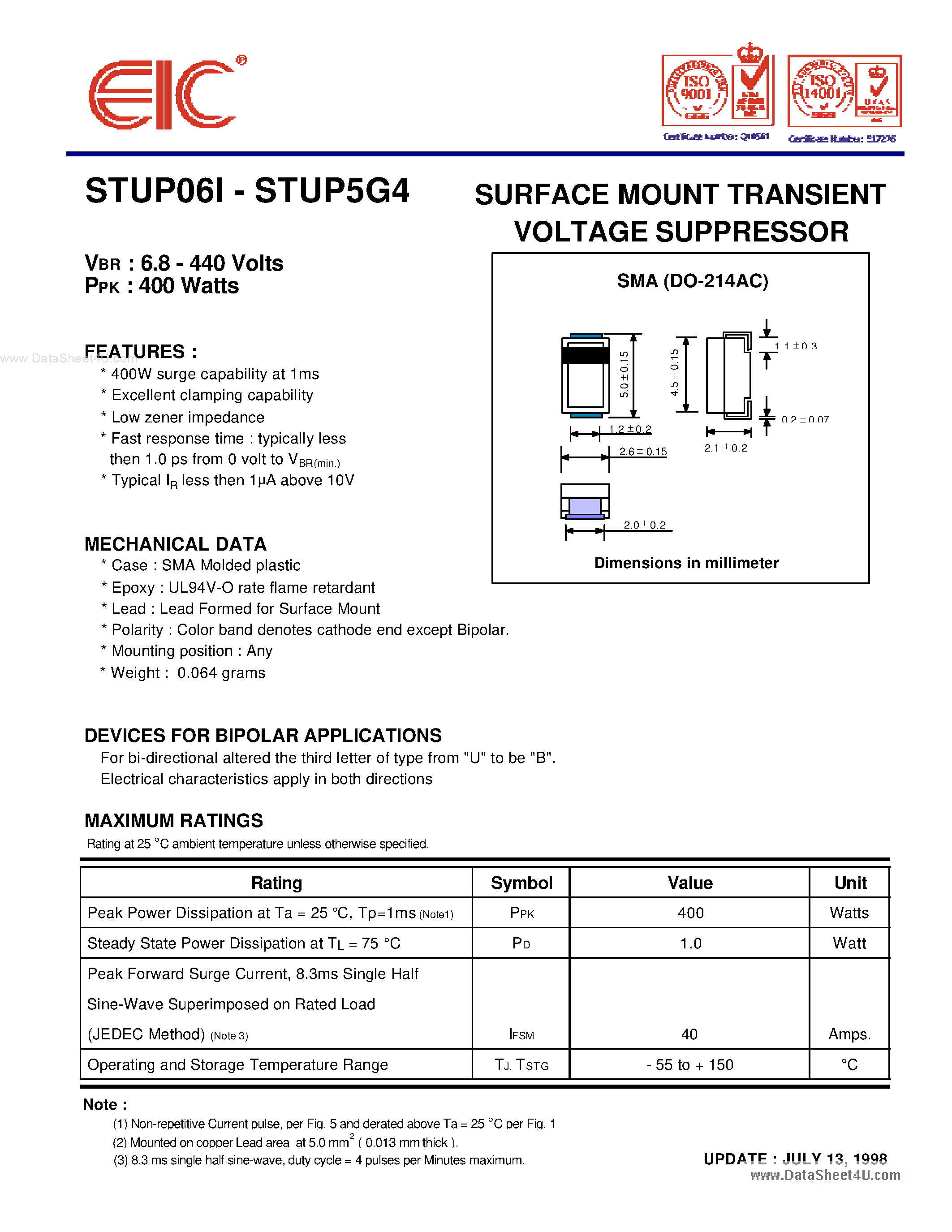 Даташит STUPxxx - SURFACE MOUNT TRANSIENT VOLTAGE SUPPRESSOR страница 1