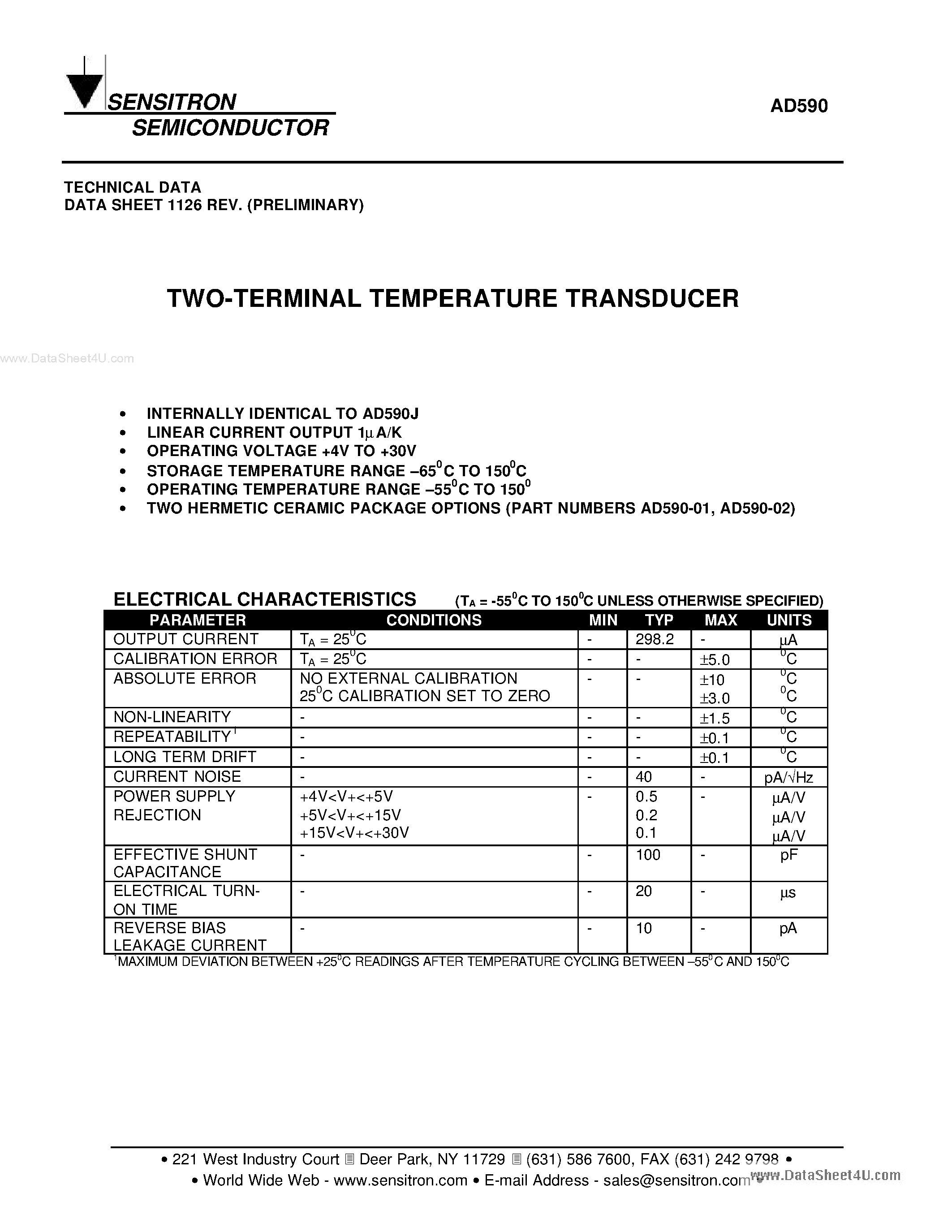 Datasheet AD590 - TWO-TERMINAL TEMPERATURE TRANSDUCER page 1