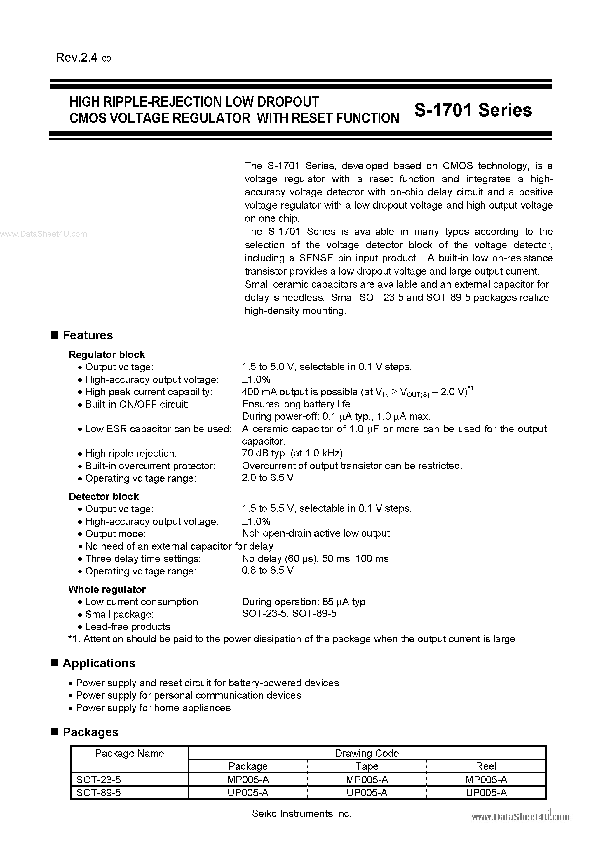 Datasheet S-1701 - HIGH RIPPLE-REJECTION LOW DROPOUT CMOS VOLTAGE REGULATOR page 1