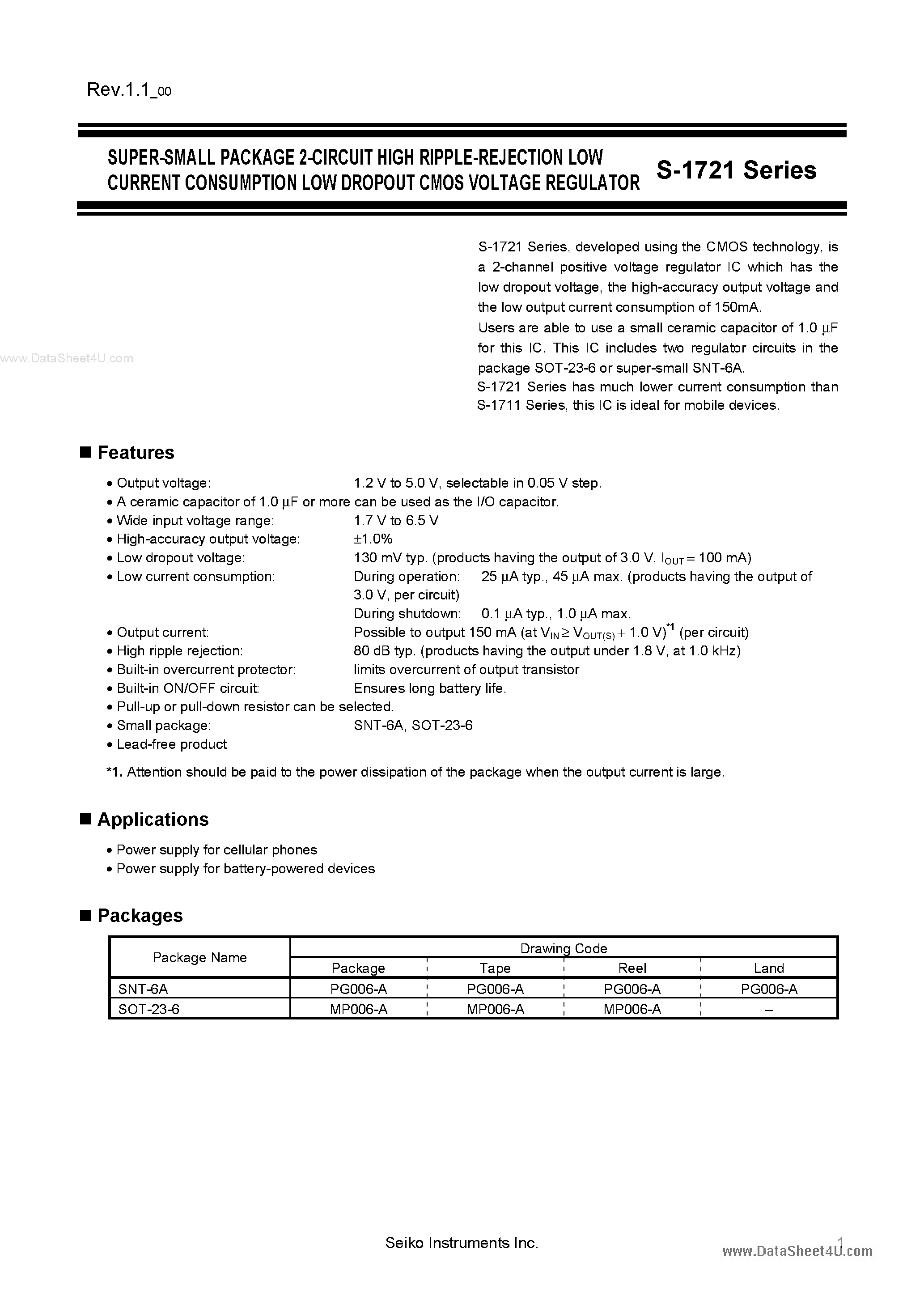 Даташит S-1721 - SUPER-SMALL PACKAGE 2-CIRCUIT HIGH RIPPLE-REJECTION LOW CURRENT CONSUMPTION LOW DROPOUT CMOS VOLTAGE REGULATOR страница 1